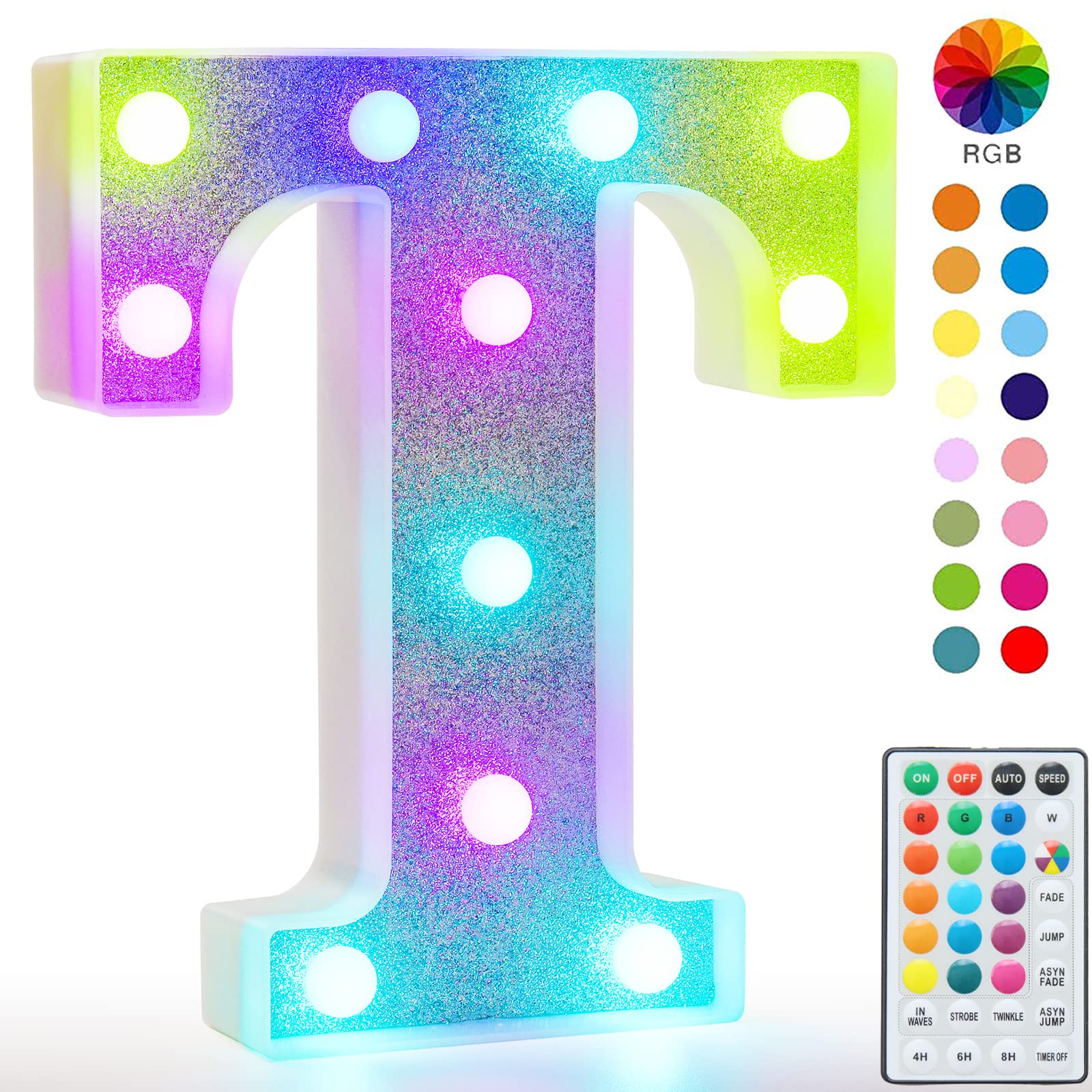 Pooqla LED Letter Lights Marquee Signs, 18 Colors with Remote, Battery Powered, Glitter Silver T for Party & Home Decor