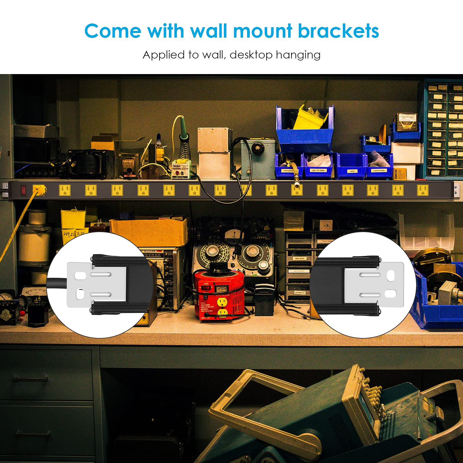 JUNNUJ Long Metal Power Strip with 16 Outlets, 15 FT Cord, 15A, 125V, Yellow