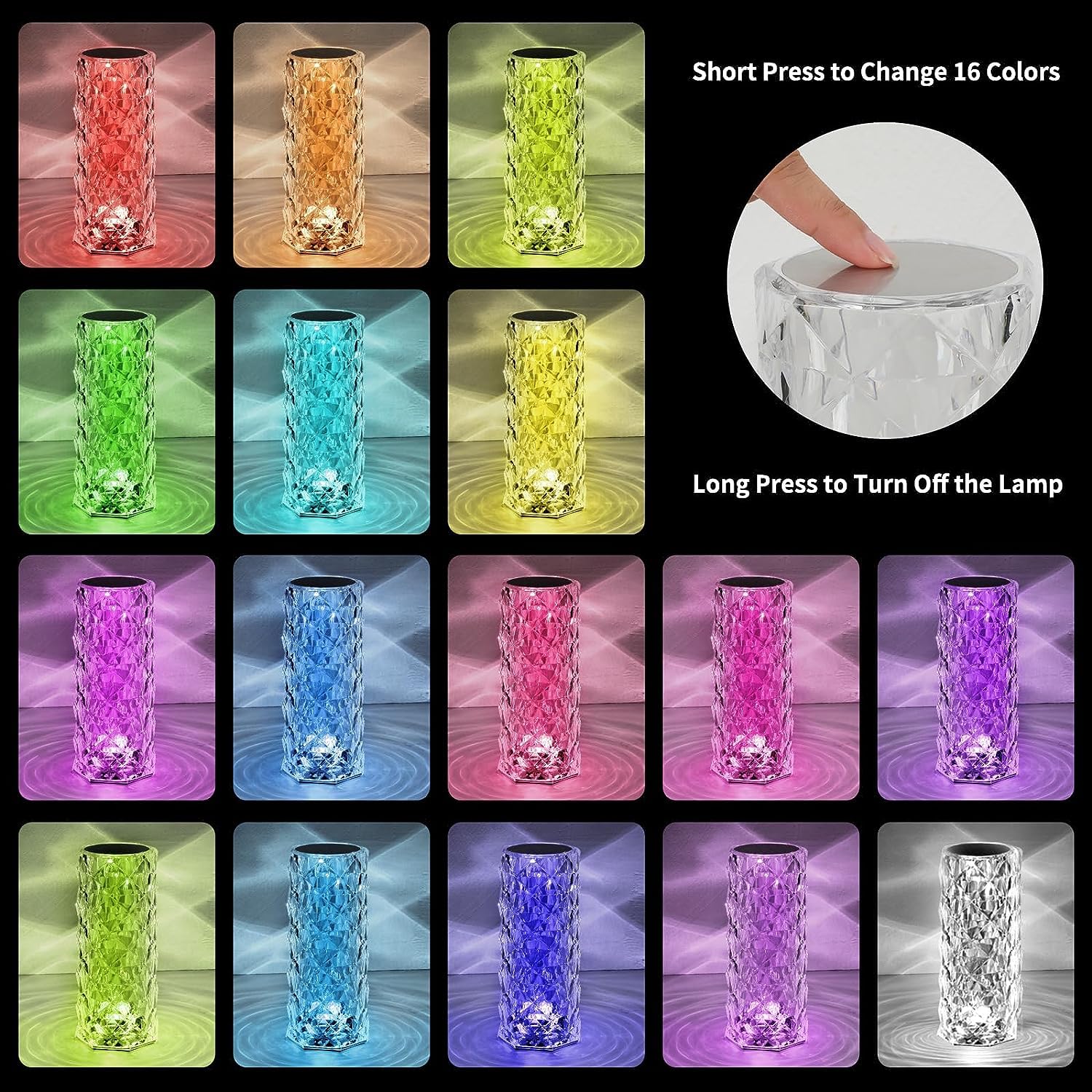 2 Pack Crystal Table Lamp, Remote And Touch Control Rose Wave Lamp, Rgb Color Changing Night Light, Dimmable, Usb Rechargeable D