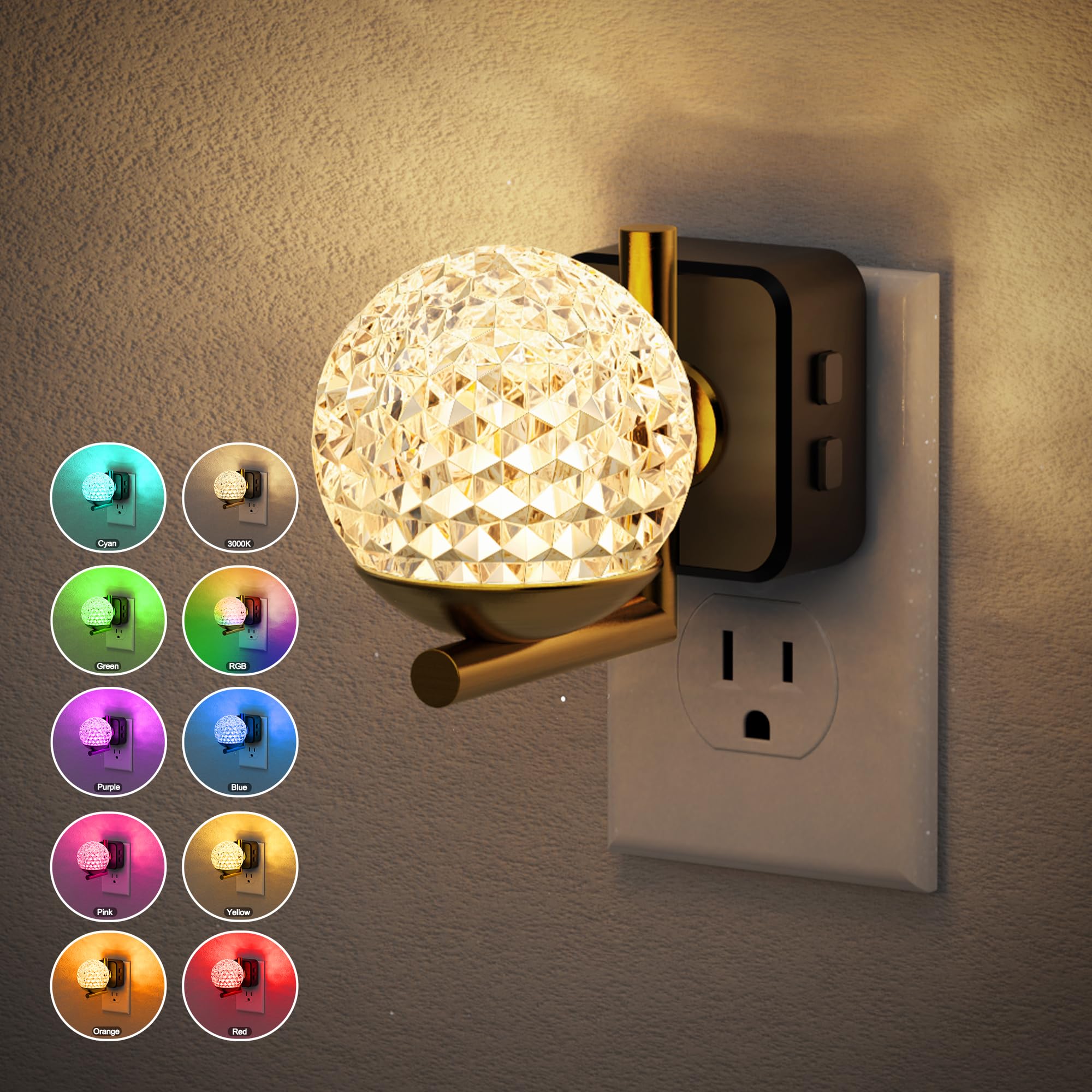 JandCase LED Night Light - 3000K Warm White & RGB Color Changing - Dusk to Dawn Sensor - 1 Pack - Sphere Design