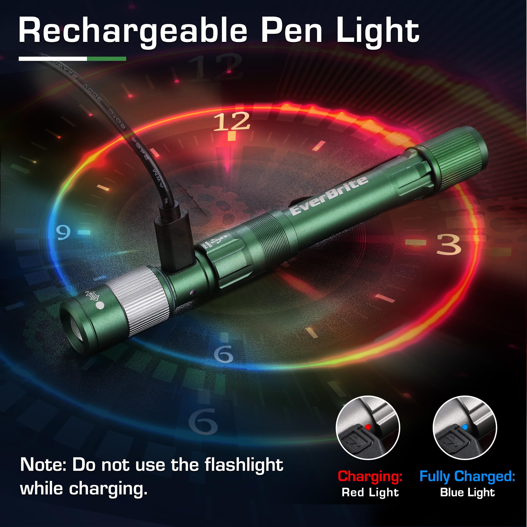 EverBrite Rechargeable Pen Light, 300 Lumens, Zoomable LED, Aluminum, Pocket Size, Green, Model E101123AE