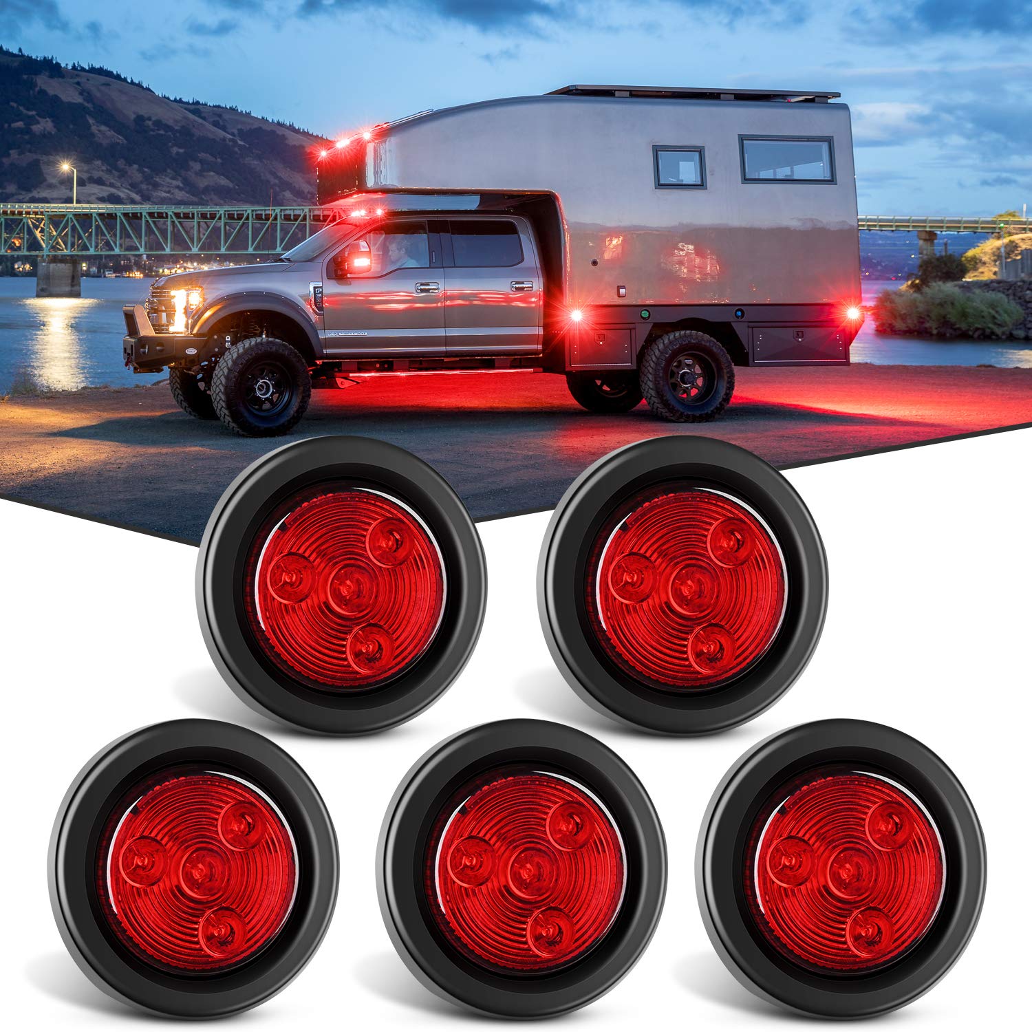 Nilight 5PCS Red Round Trailer LED Marker Clearance Light 4 LED Flush Mount with Plug Grommet Pigtail Hardwired for Trailer Truc