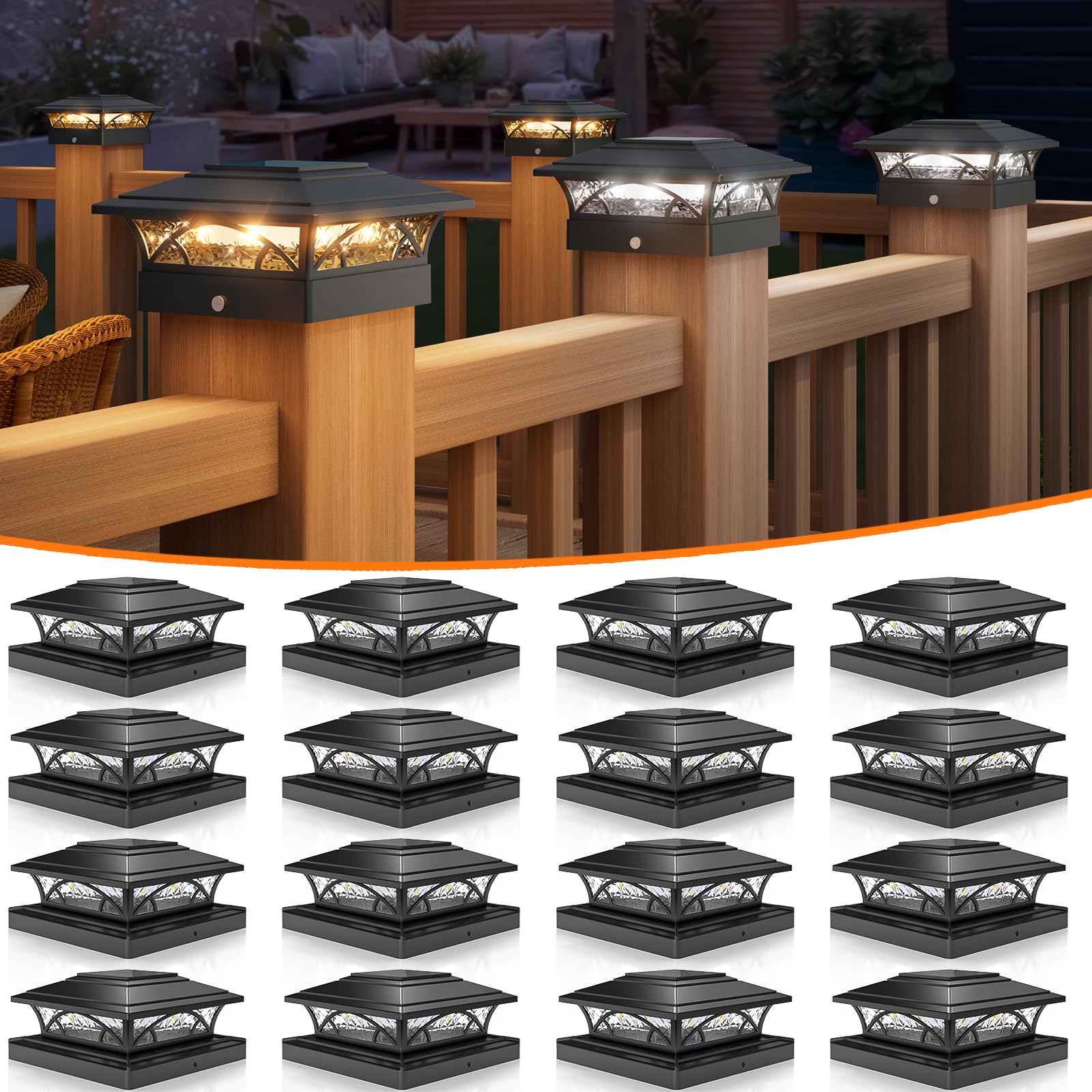 APONUO Solar Post Cap Lights - 16 Pack, Waterproof IP64, Auto On/Off, 4x4 5x5 6x6, Black, Model TZ21