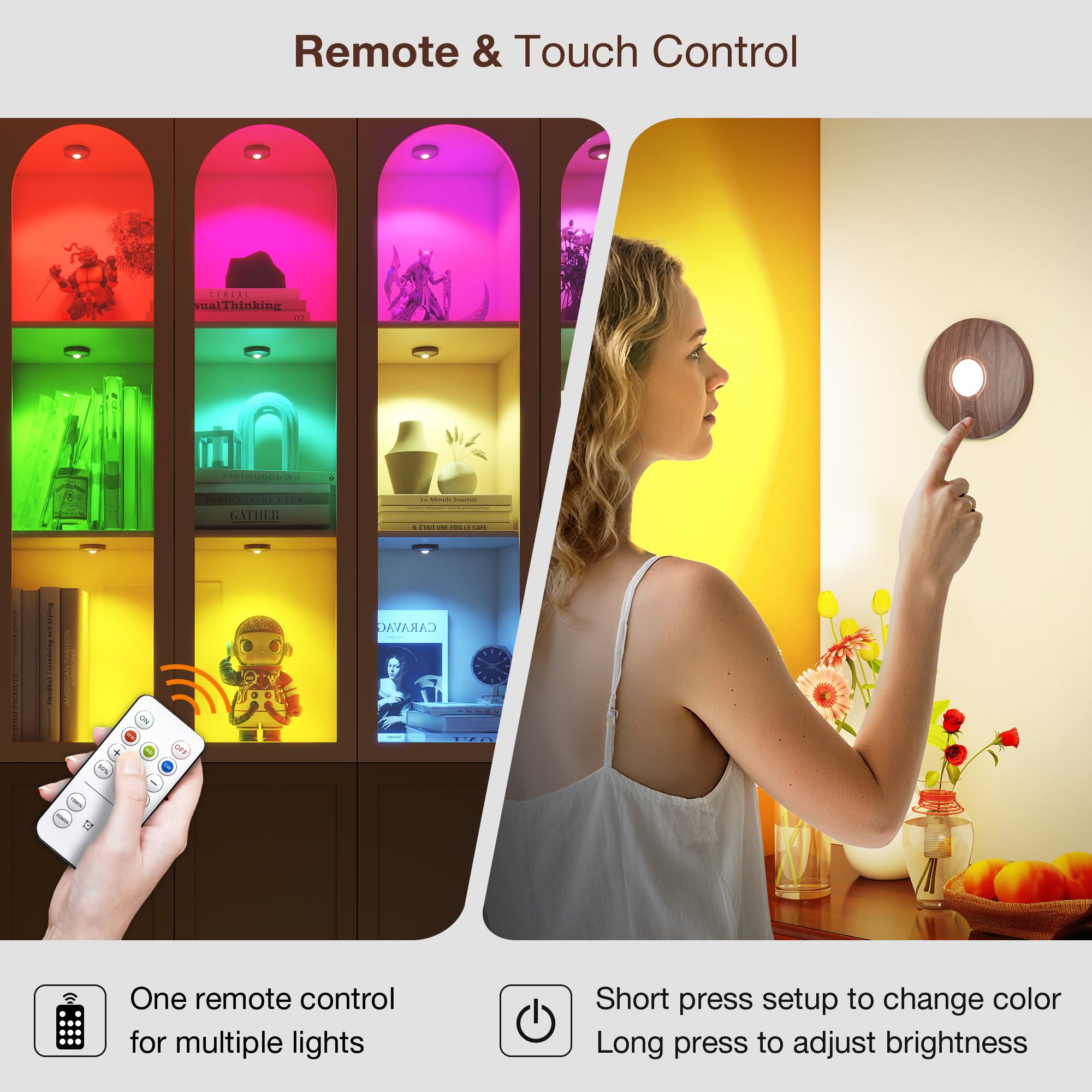 UNUSROOM Rechargeable RGB Puck Lights, 2000mAh Battery, Remote Control, Dimmable, Magnetic Mount, Dark Wood, Model T065