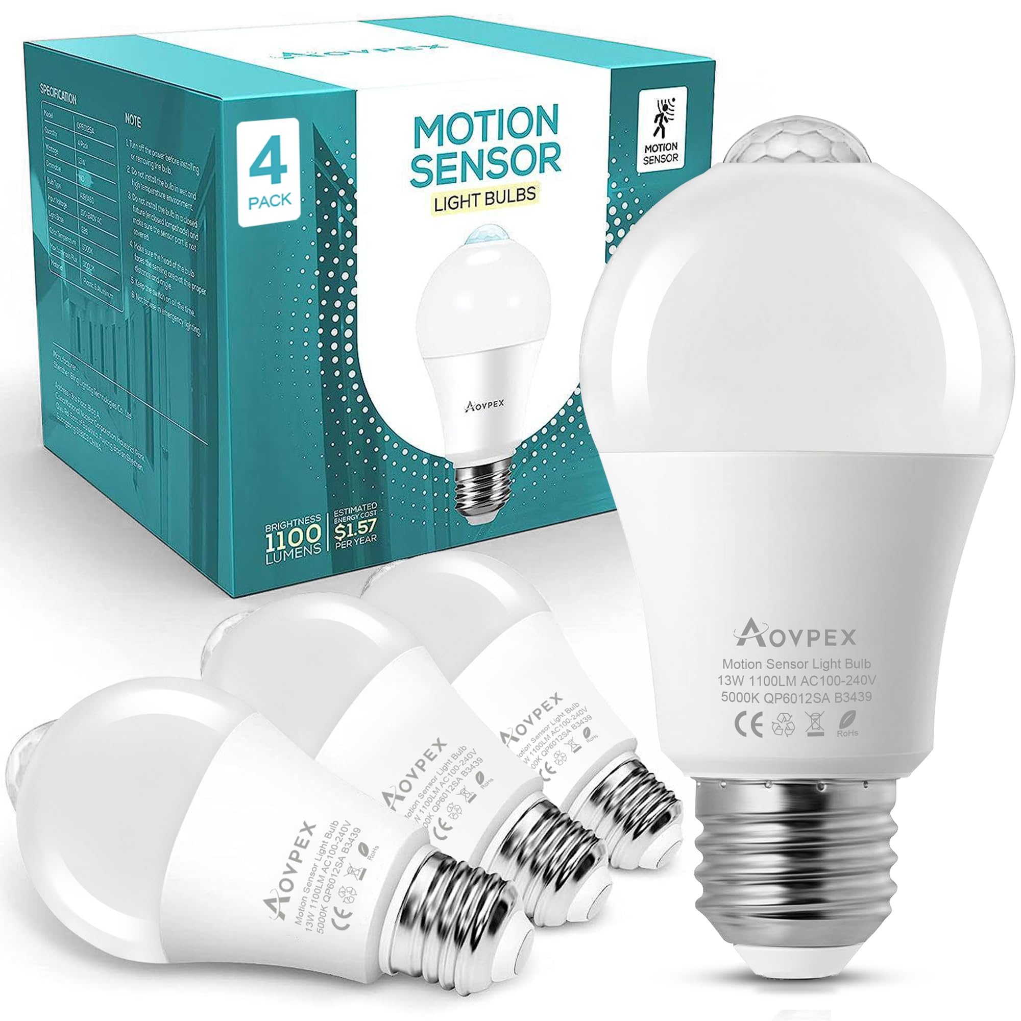 Motion Sensor Light Bulbs Outdoor, 13W(100W Equivalent) Movement Activated Dusk To Dawn Indoor Led Light Bulb, A19 E26 5000K Day