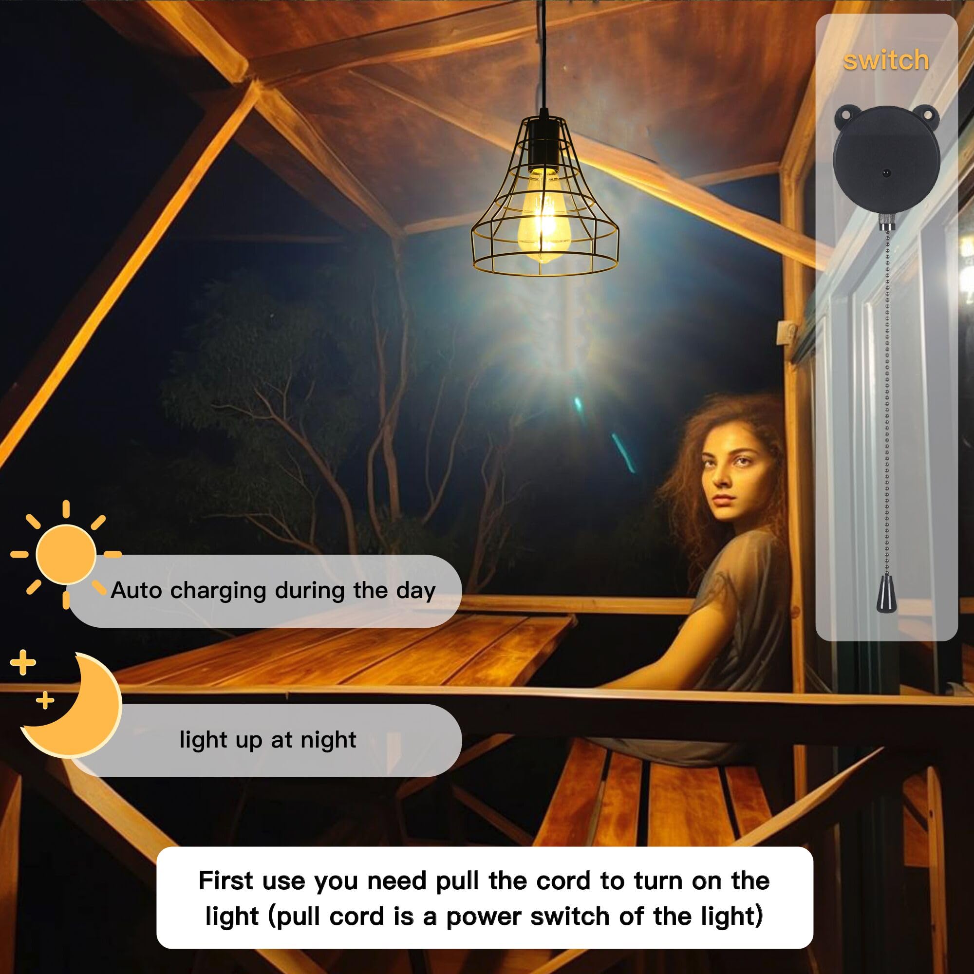 Yumamei Solar Pendant Lights With Remote & Pull Cord, Adjustable Solar Chandelier For Outdoors