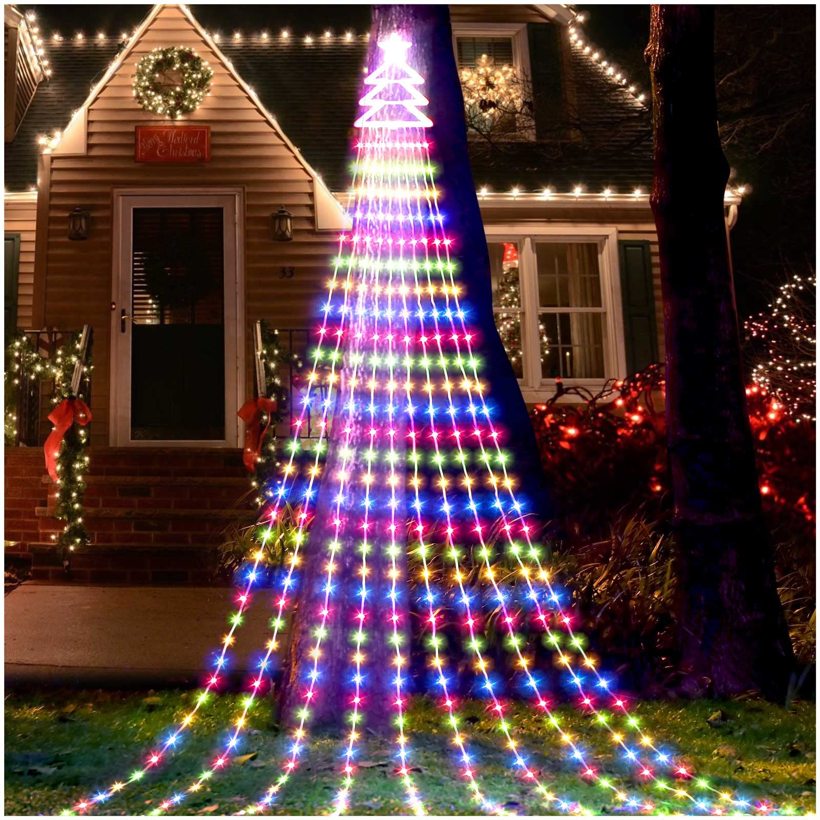Outdoor Christmas Decorations Star String Lights 420 LED Waterproof Waterfall Lights with Christmas Tree Topper, Gorrzai 8 Light