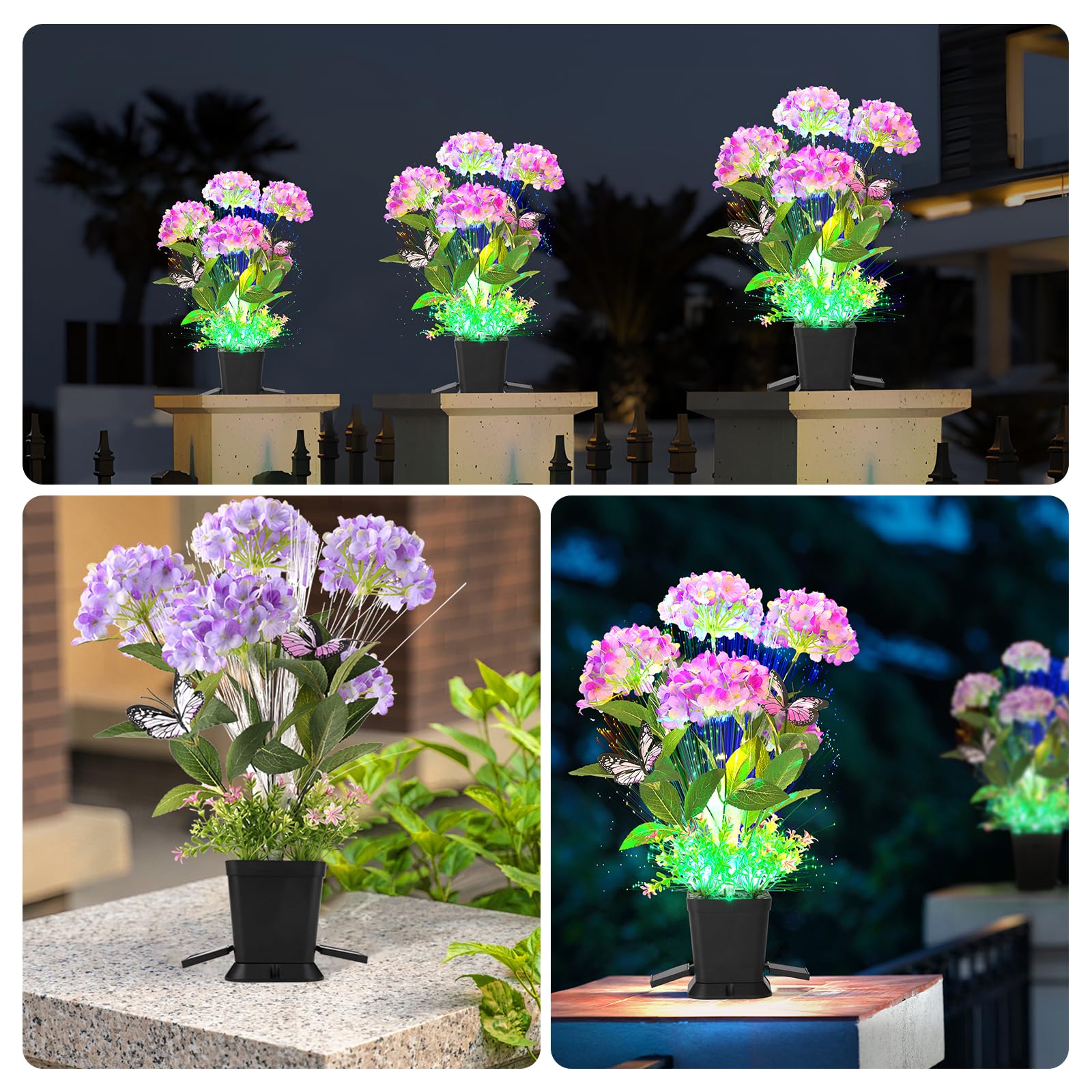 Aukora Solar Garden Lights Potted Outdoor With 7 Lights, Hydrangeas, Butterfly & 7-Color Changing Optical Fiber, Decorative Sola