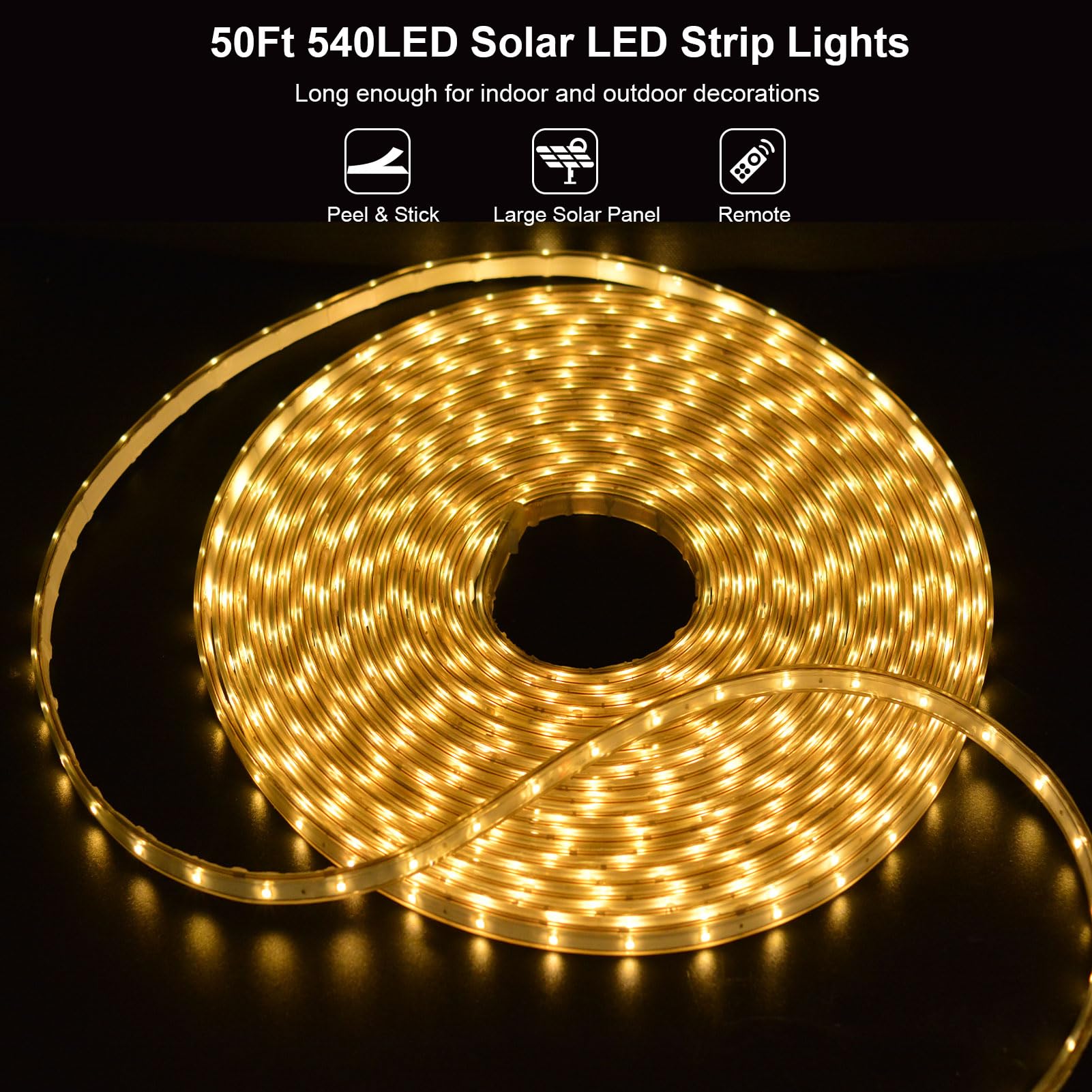 BSGlobal 50Ft Solar LED Strip Lights, 540 LEDs, IP68 Waterproof, Remote Control, Warm White, Model S-15MStripL