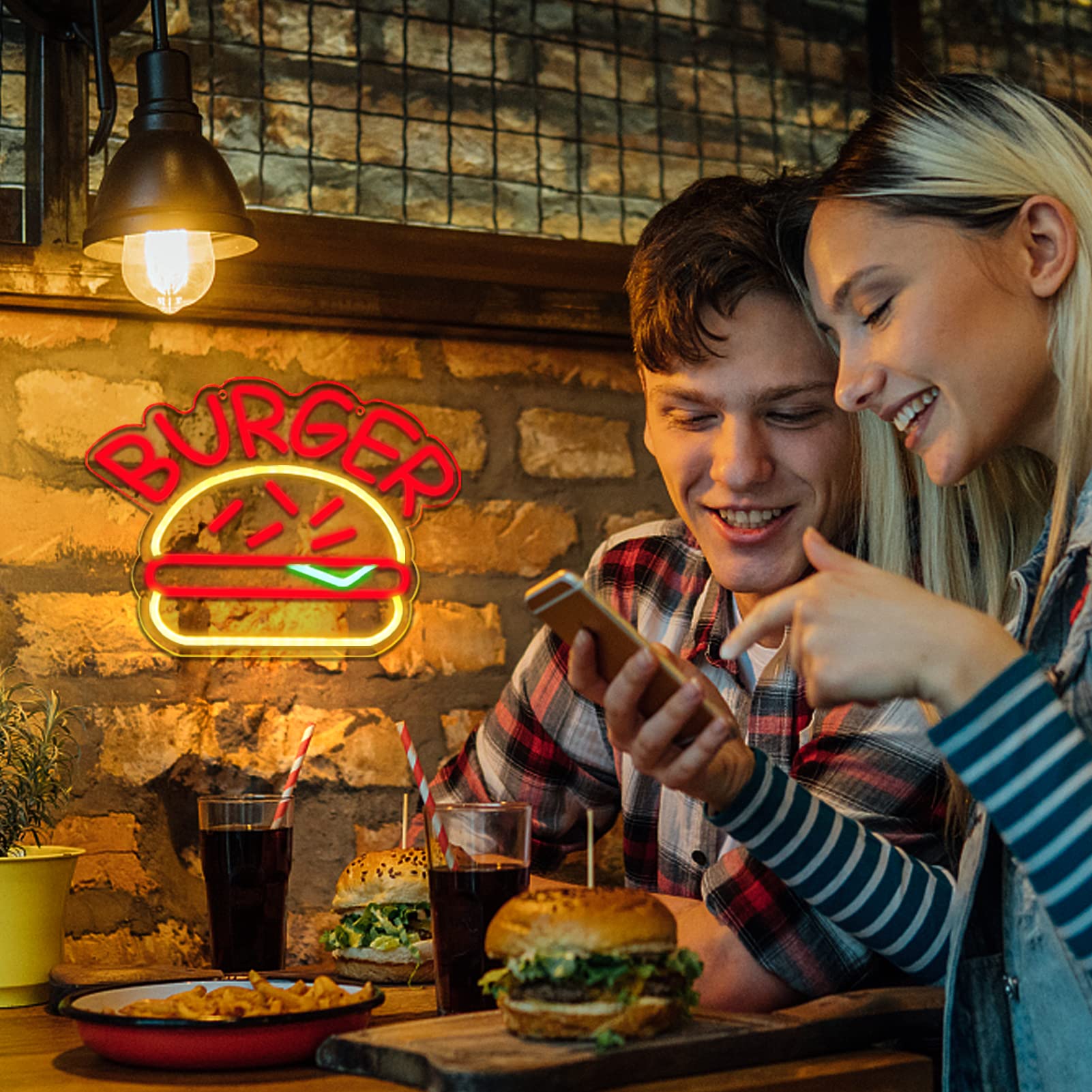 Jfllamp Burger Neon Signs For Wall Decor Neon Lights For Bedroom Led Business Signs Suitable For Hamburger Restaurant Office Man Cave Beer Bar Pub 5V Power Adapter, 14.1 * 10 Inch(Red+ Warm White)