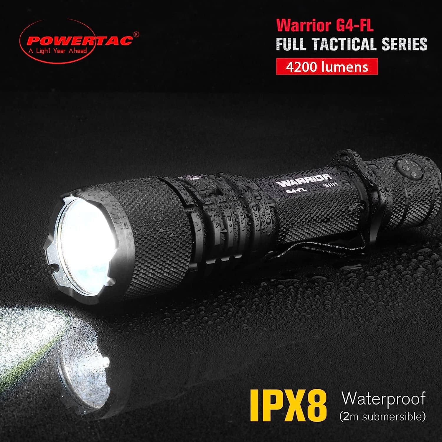 PowerTac Warrior G4-FL Tactical Flashlight 4200 Lumen, USB Rechargeable, Waterproof, Black, Model WAR-G4FL