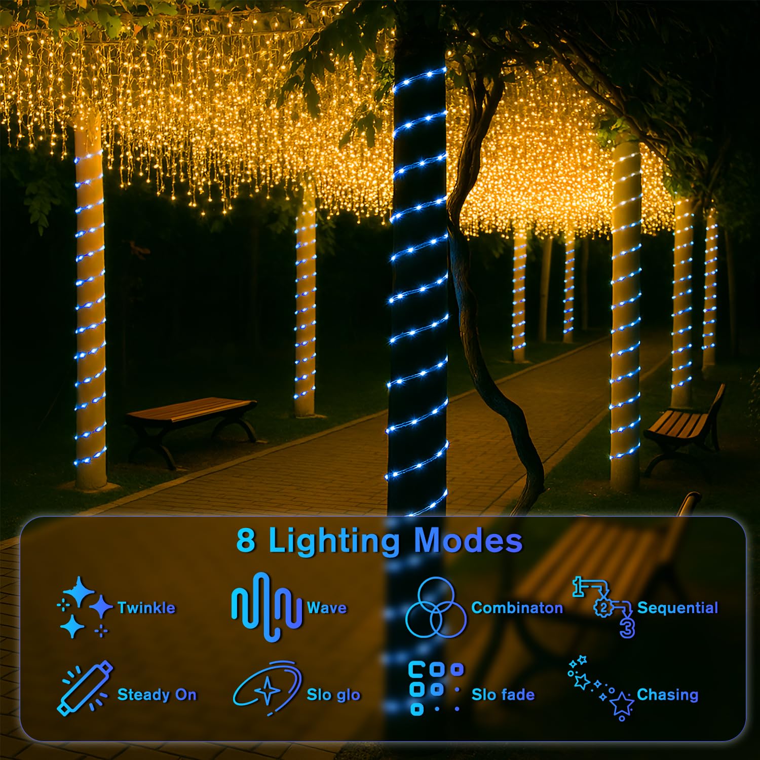 ANJAYLIA Solar Rope Lights, 33FT, 100 LED, Waterproof, 8 Modes, Blue, Model BLUEQZD100