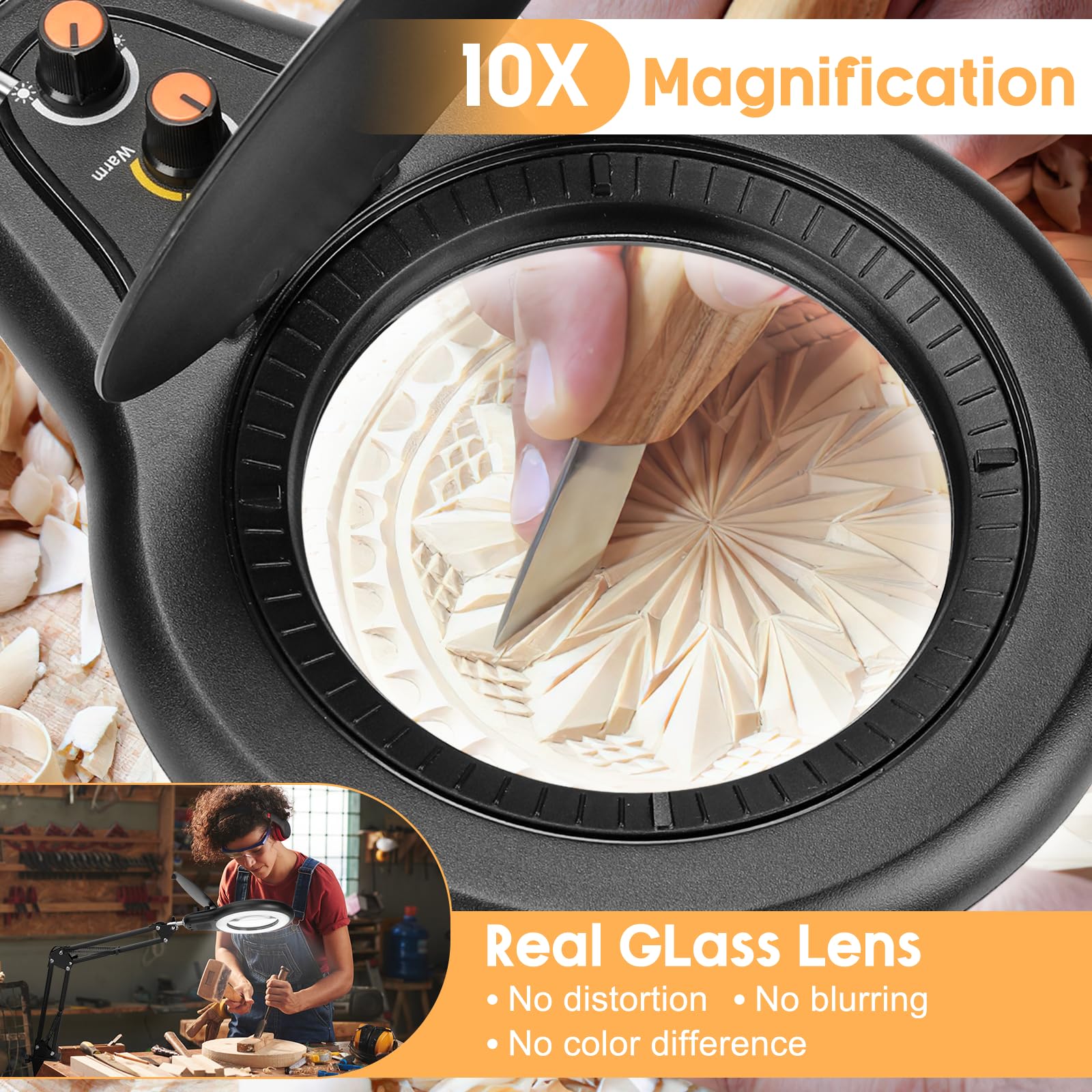 Jeedefi 10X Large Magnifying Glass With Light And Clamp, Mechanical Knob Stepless Dimmable, 2*16 Inch Swivel Arm Led Magnifying