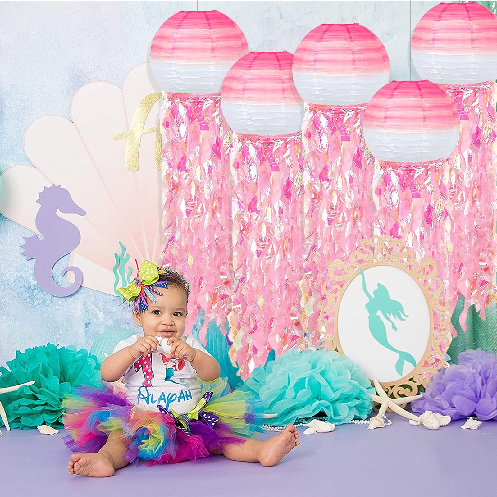 Adlkgg Hanging Jelly Fish Paper Lanterns, Gradient Colorful Pink Paper Lanterns For Mermaid Theme Party Under The Sea Ocean Birt