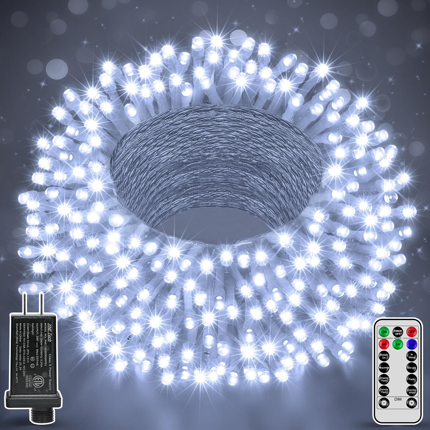Ccinny 196FT Christmas Lights, 600 LED Cool White String Lights with Timer & 8 Modes, Model NYA0600J