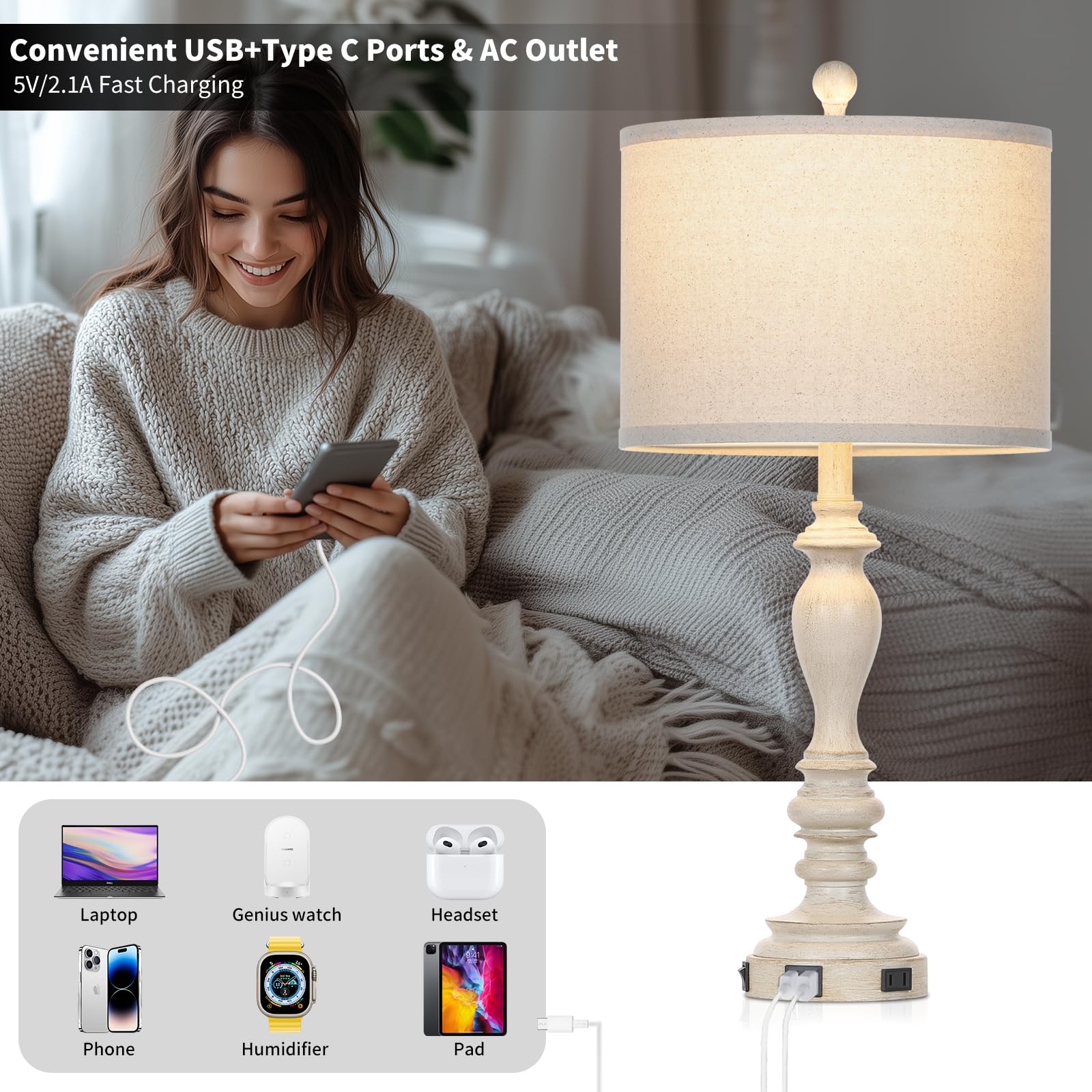 28'' Table Lamps With Usb C+A Ports & Ac Outlets, Farmhouse Rustic Table Lamps Set Of 2, Vintage End Table Nightstand Resin Beds