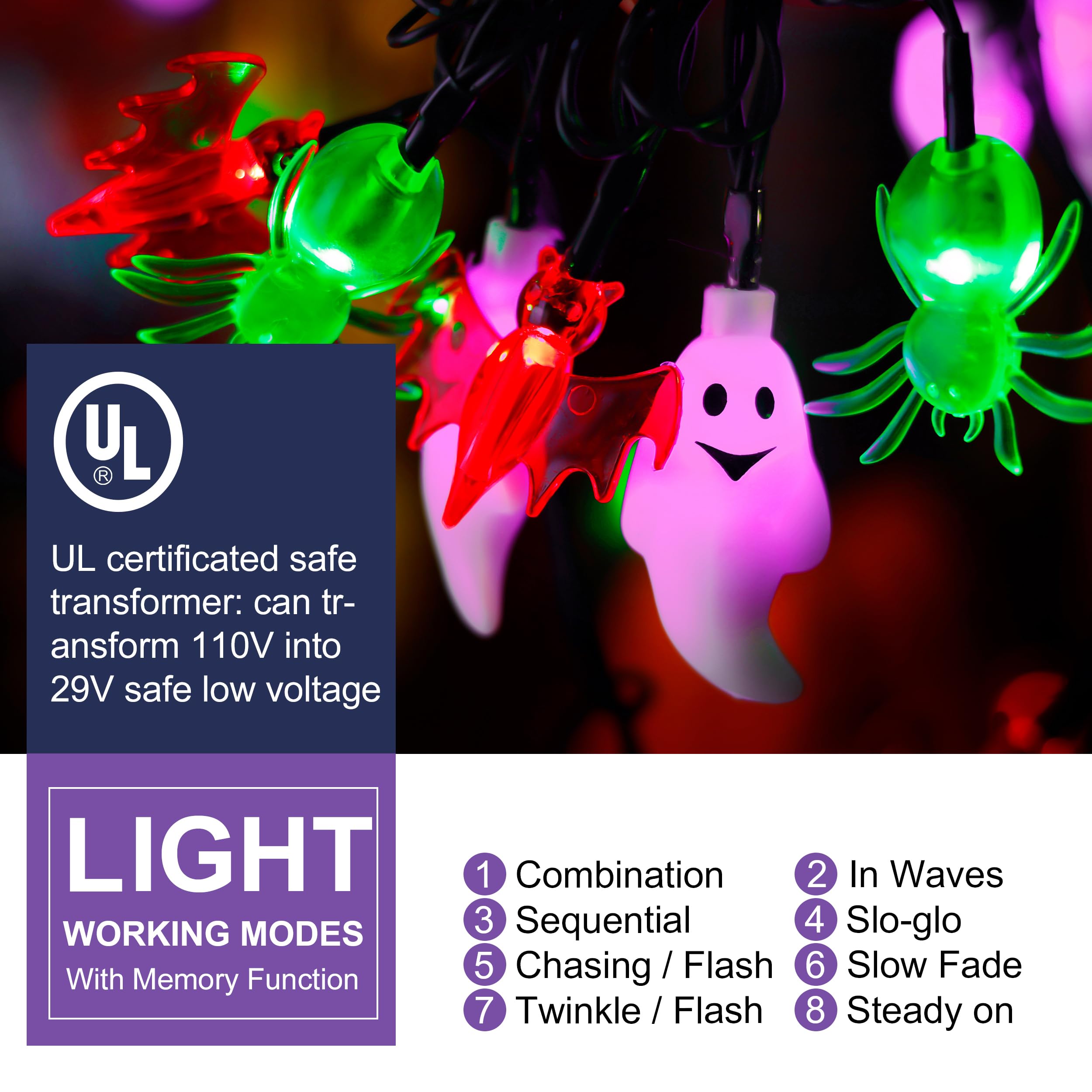 HAYATA Halloween String Lights - 70 LED 29.5Ft Pumkin & Spider & Bat Light with 30v Plug in - Extendable 8 Modes Fairy Timer Fun