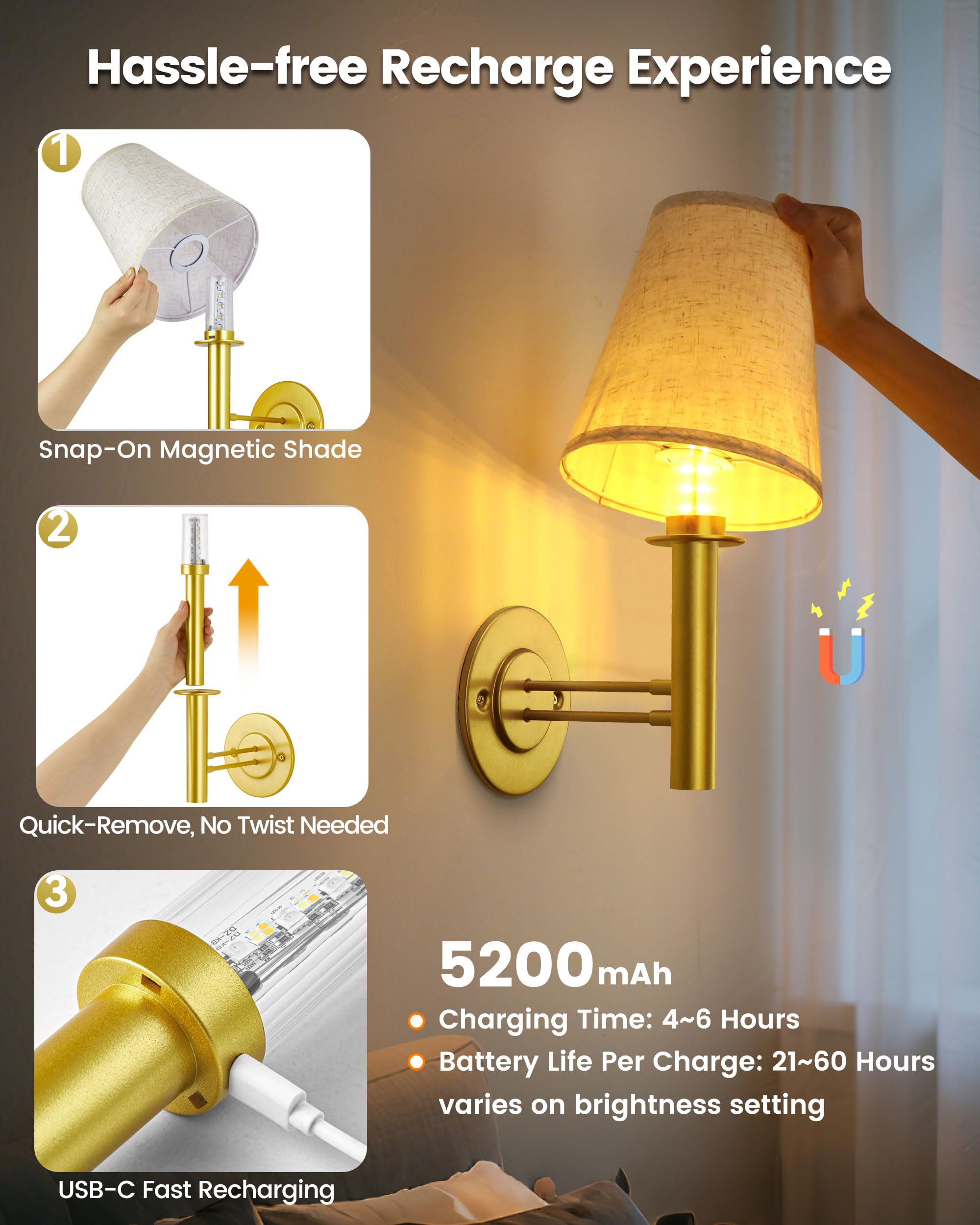 TECOMLIGHT Battery Operated Wall Sconces - Wireless LED Lamp Set of 2, Satin Gold, Remote & Touch Control, Model TWS-002