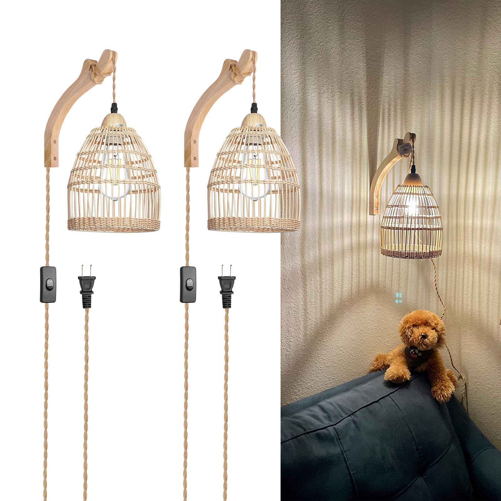 Frideko Wicker Wall Sconces Set Of Two Plug In, Rattan Wall Lamp With Plug In Cord, Farmhouse Wall Light Fixtures With 9.84Ft On