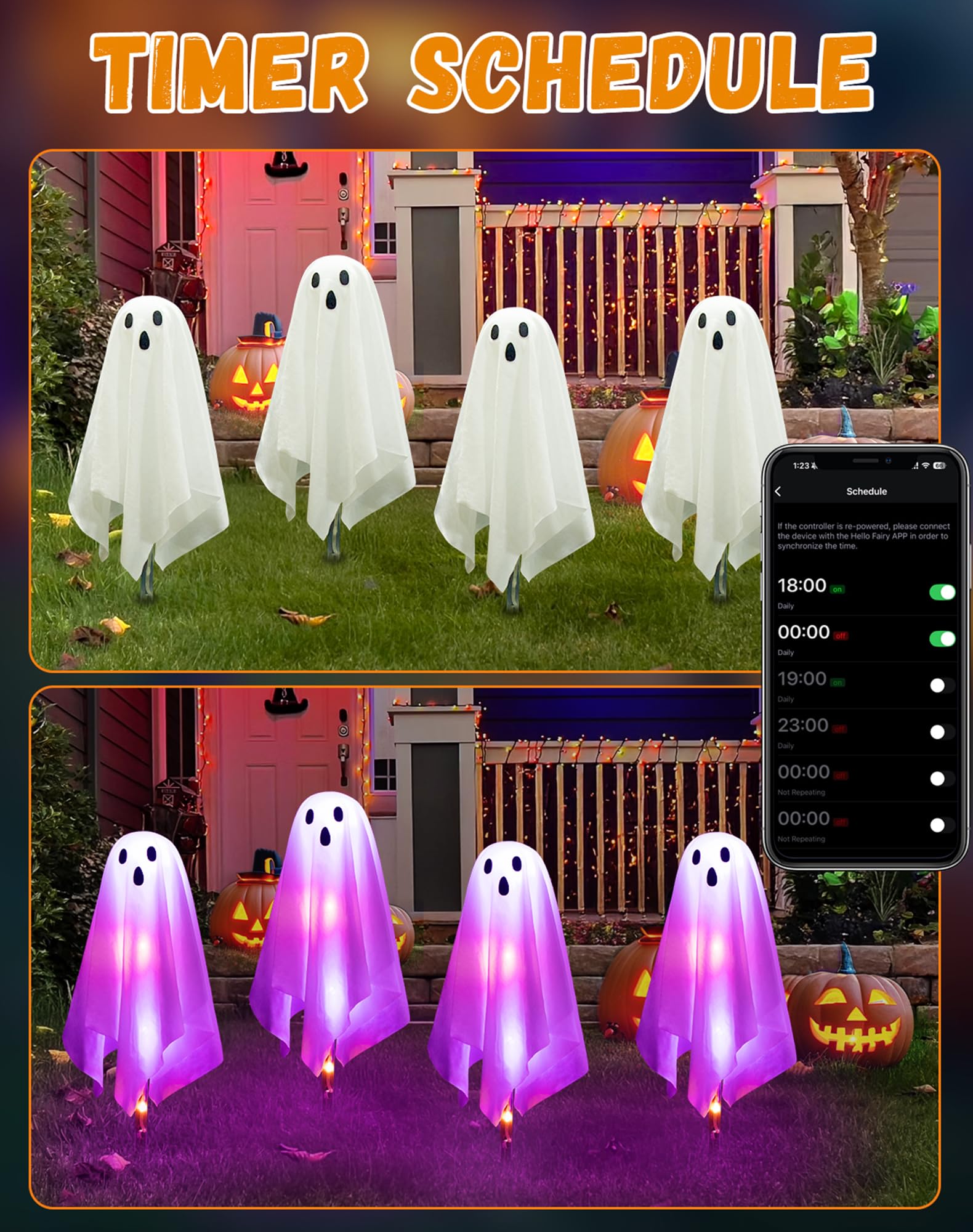 FREECUBE Halloween Ghost Pathway Lights, 4 Pack, Multi-colored, APP Control & Remote, Dimming, Music Sync, Plastic, Model BESL78