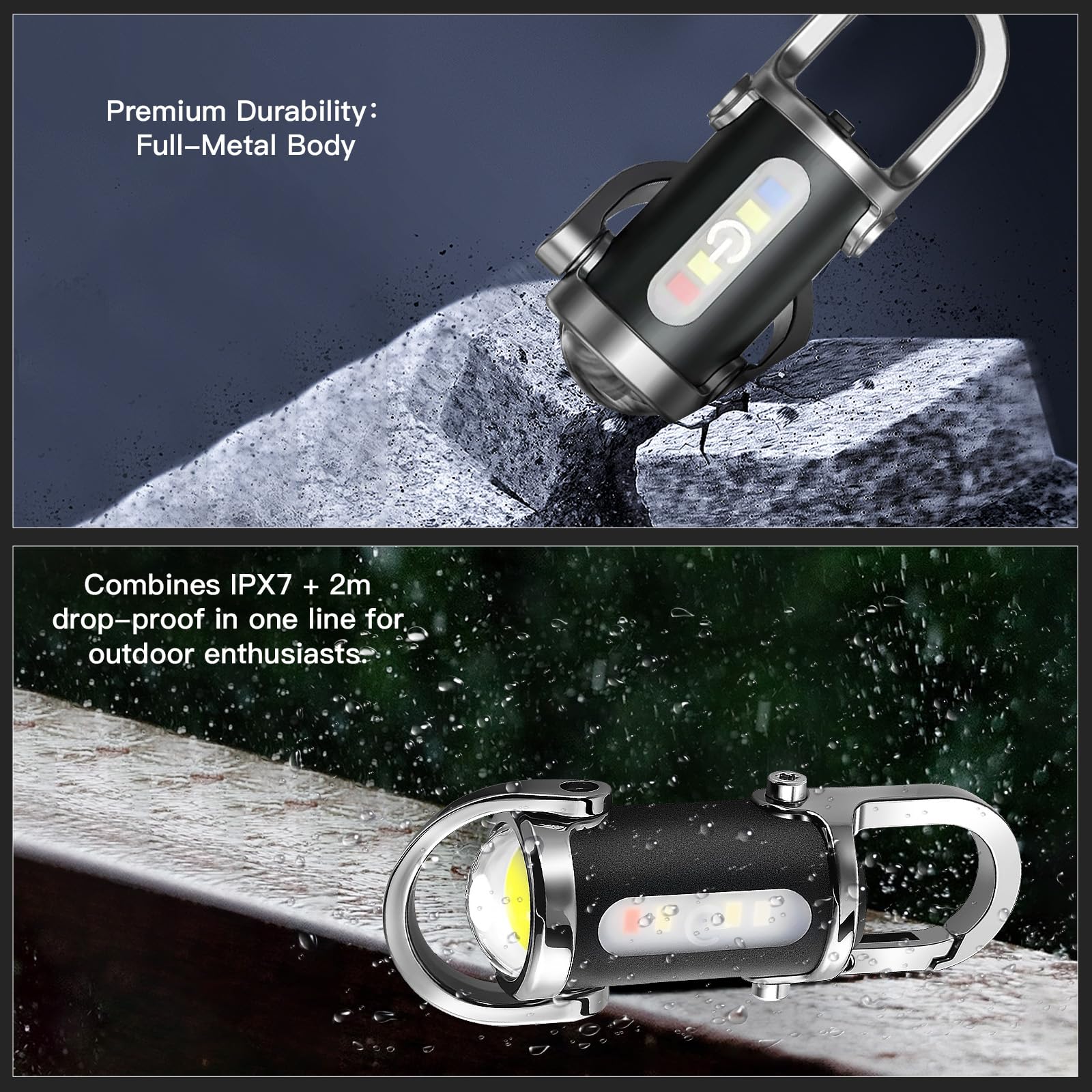 BudaTao 3-in-1 Emergency Keychain Flashlight, 500 Lumens, USB-C Rechargeable, IPX7 Waterproof, Black & Silver, Model BudaTao01