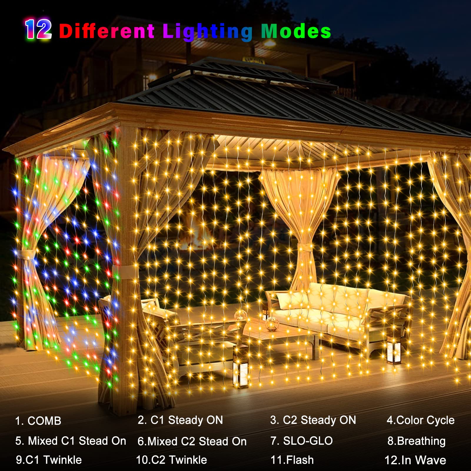 300 Led Fairy Curtain Lights 2 Color Changing, 9.8Ft X 9.8Ft Hanging Lights Battery Operated With Hooks, Outdoor Curtain Lights
