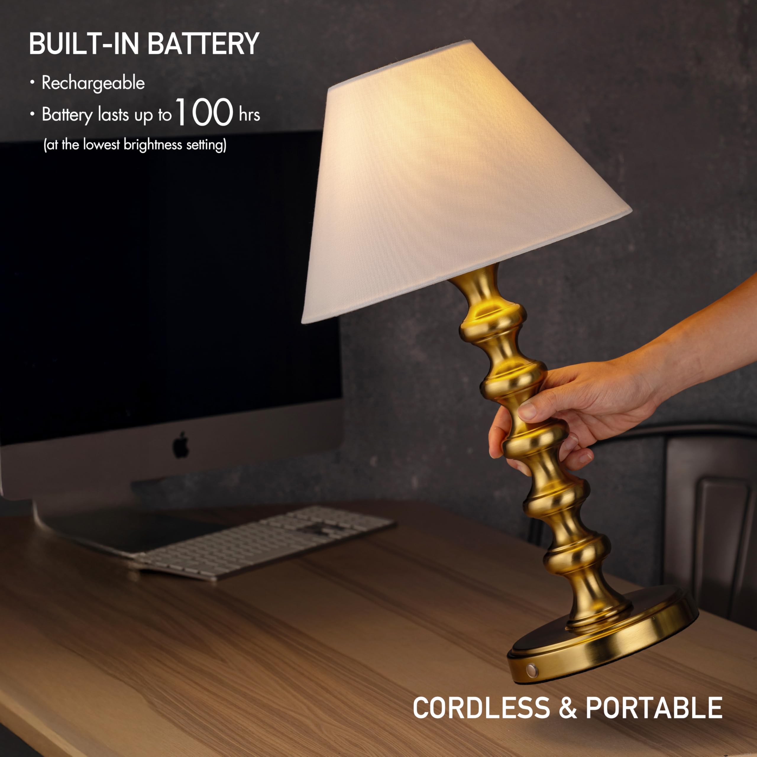 O'Bright Rechargeable Table Lamp - Antique Brass Baluster, Model OB-TL25B, Metal Construction