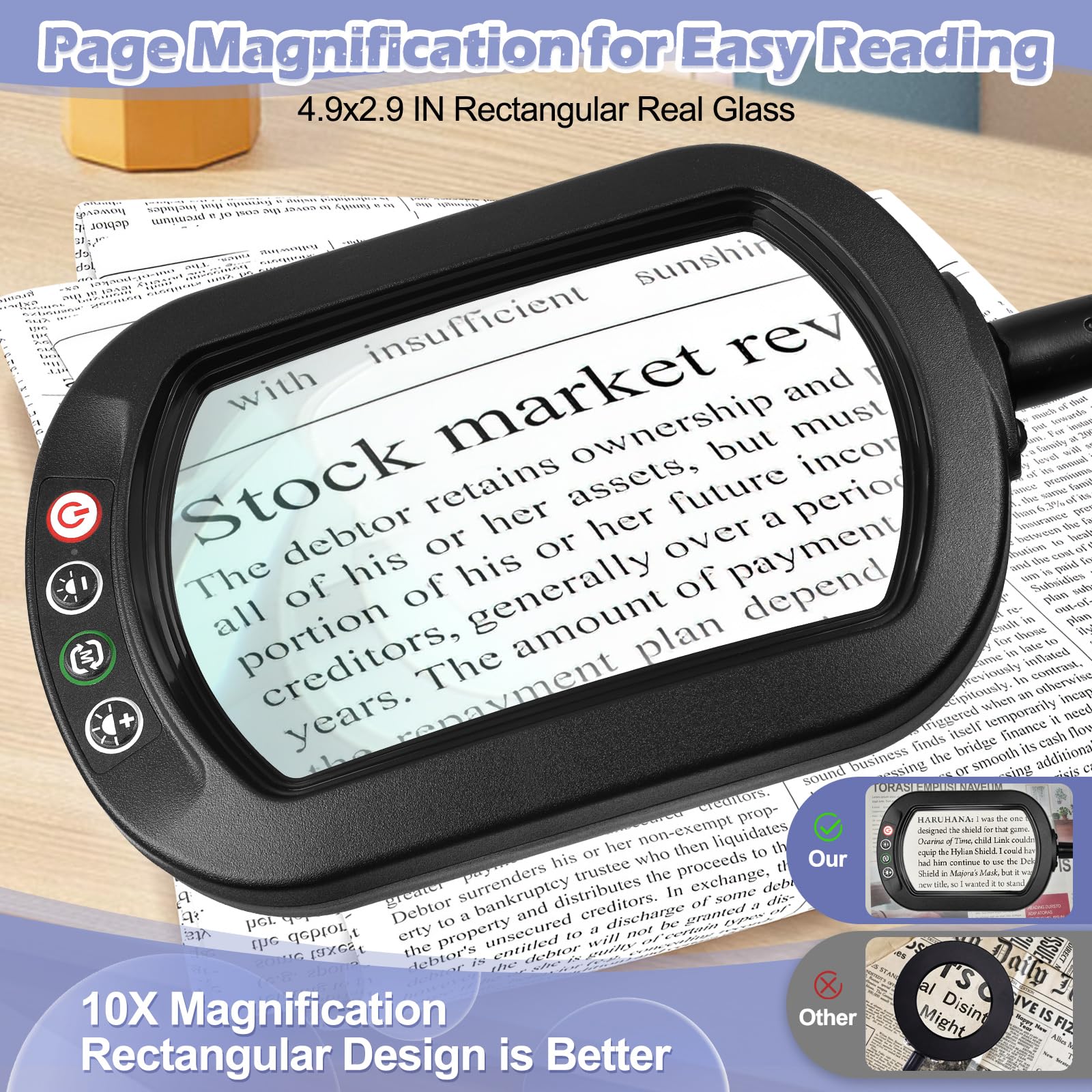 10X Square Magnifying Glass With Light And Stand, 2-In-1 Gooseneck Led Lighted Magnifier, 5 Color Modes Stepless Dimmable, Hands Free Magnifying Desk Lamp With Clamp For Reading Craft Hobby Close Work