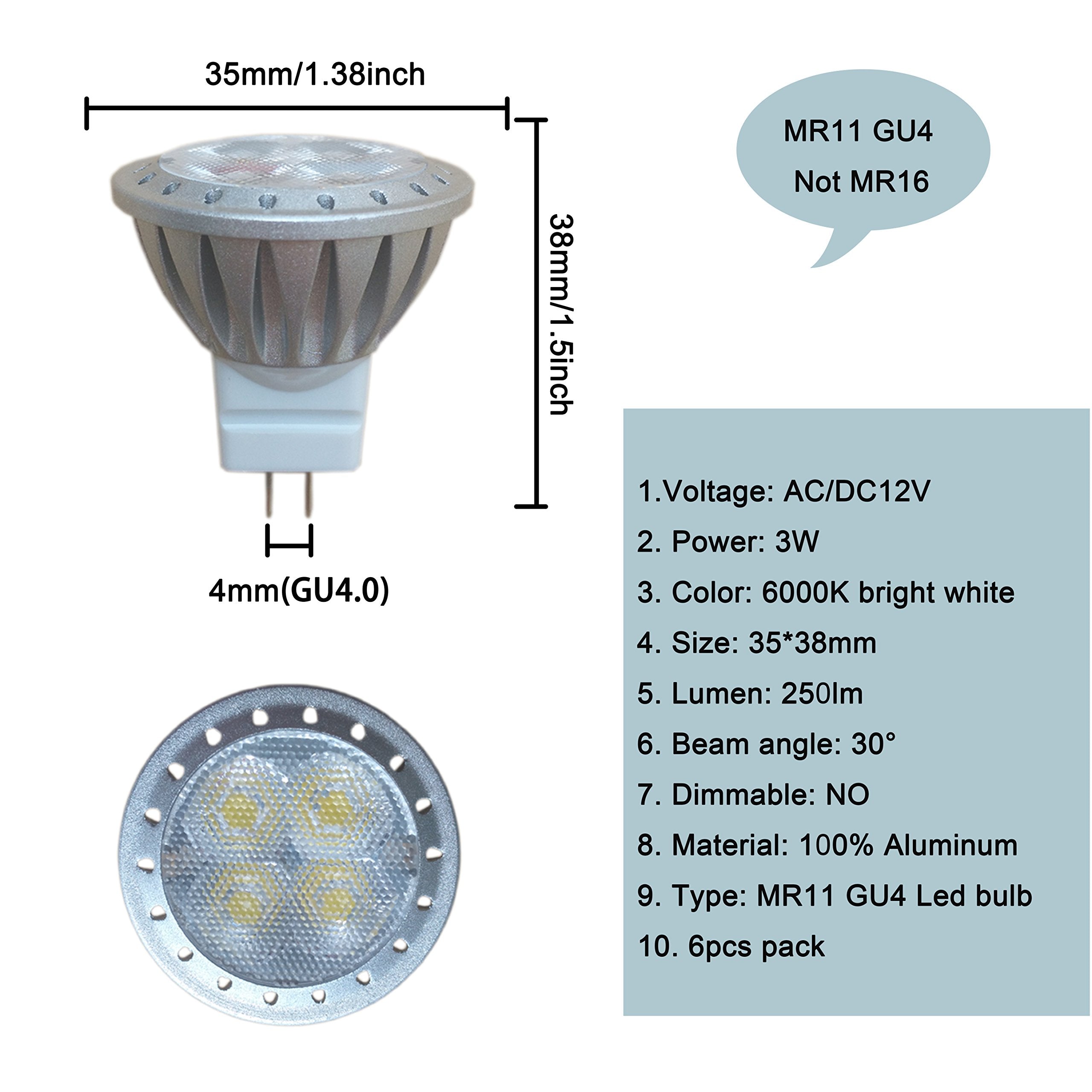 Alide Mr11 Gu4 Led Bulbs 6000K Daylight Cool Bright White 3W,Replace 20W 35W Halogen Equivalent,12V Mr11 Gu4 Low Voltage Bulb Sp