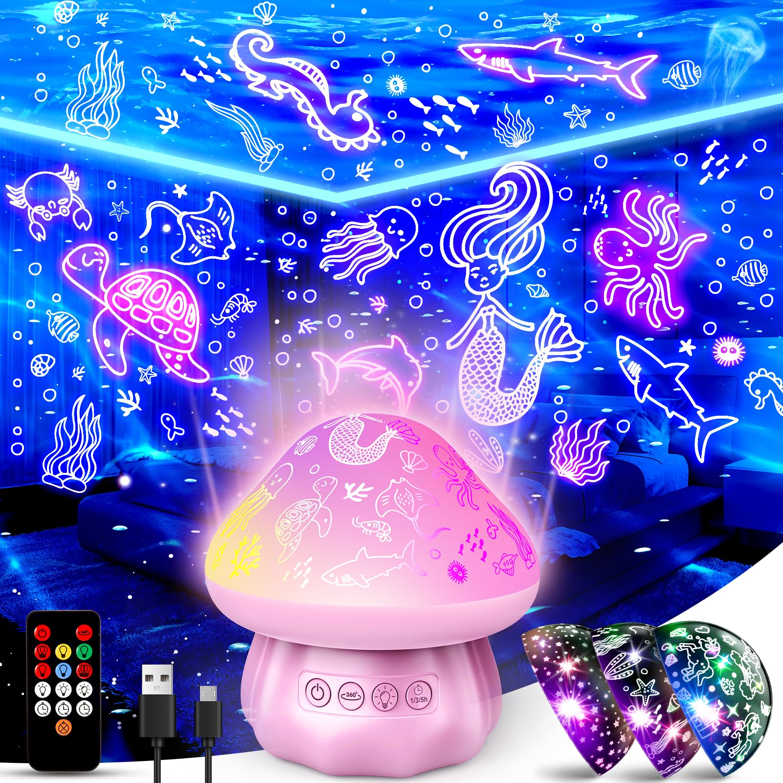 DEVRNEZ Night Light Projector for Kids, 4-in-1 Unicorn & Sea & Star, Pink, Model 005, Ideal for 3-12 Year Olds, Bedroom Night Lamp