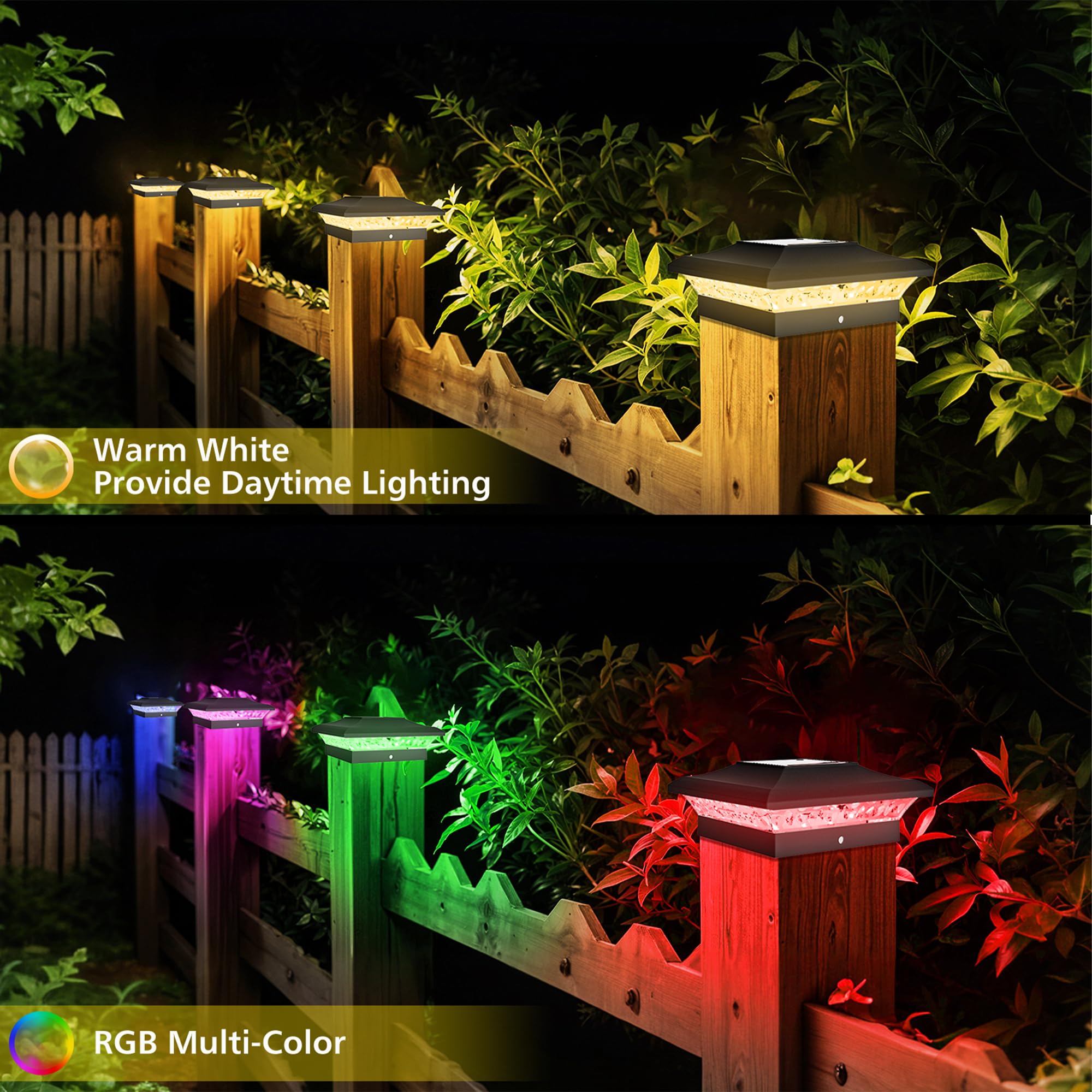 T-SUN Solar Post Cap Lights with Auto-Change Colors- for Vinyl & Wooden Posts IP65 Weatherproof Outdoor Solar Fence Post Lights
