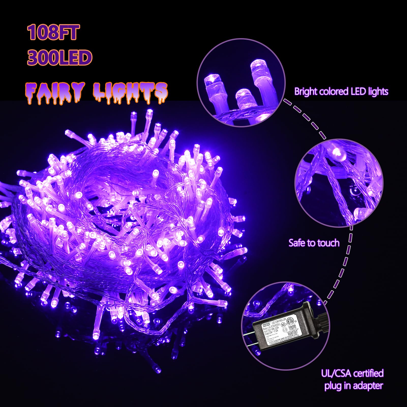 Illuminew 300 Led Purple Outdoor String Lights - Waterproof Halloween Decor, 108 Ft, 8 Modes