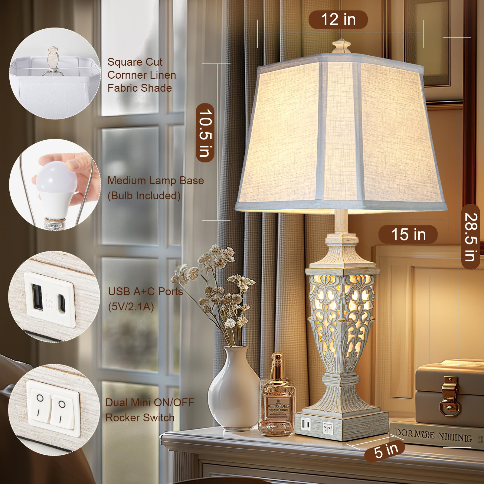28.5'' Lamps For Living Room - Table Lamps Set Of 2 With Night Light,Bedside Lamp With White Linen Cut Corner Shade - For Bedroo