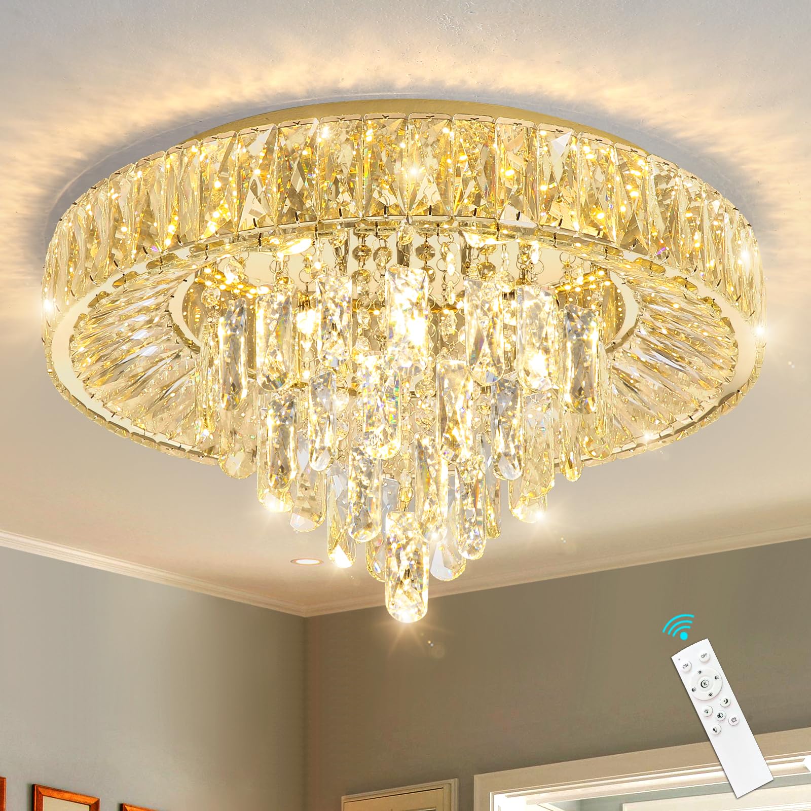 dolria Modern Crystal Chandelier LED Flush Mount Light Fixture 19.7" Gold, Dimmable with Remote for Dining Room, Living Room, Bedroom