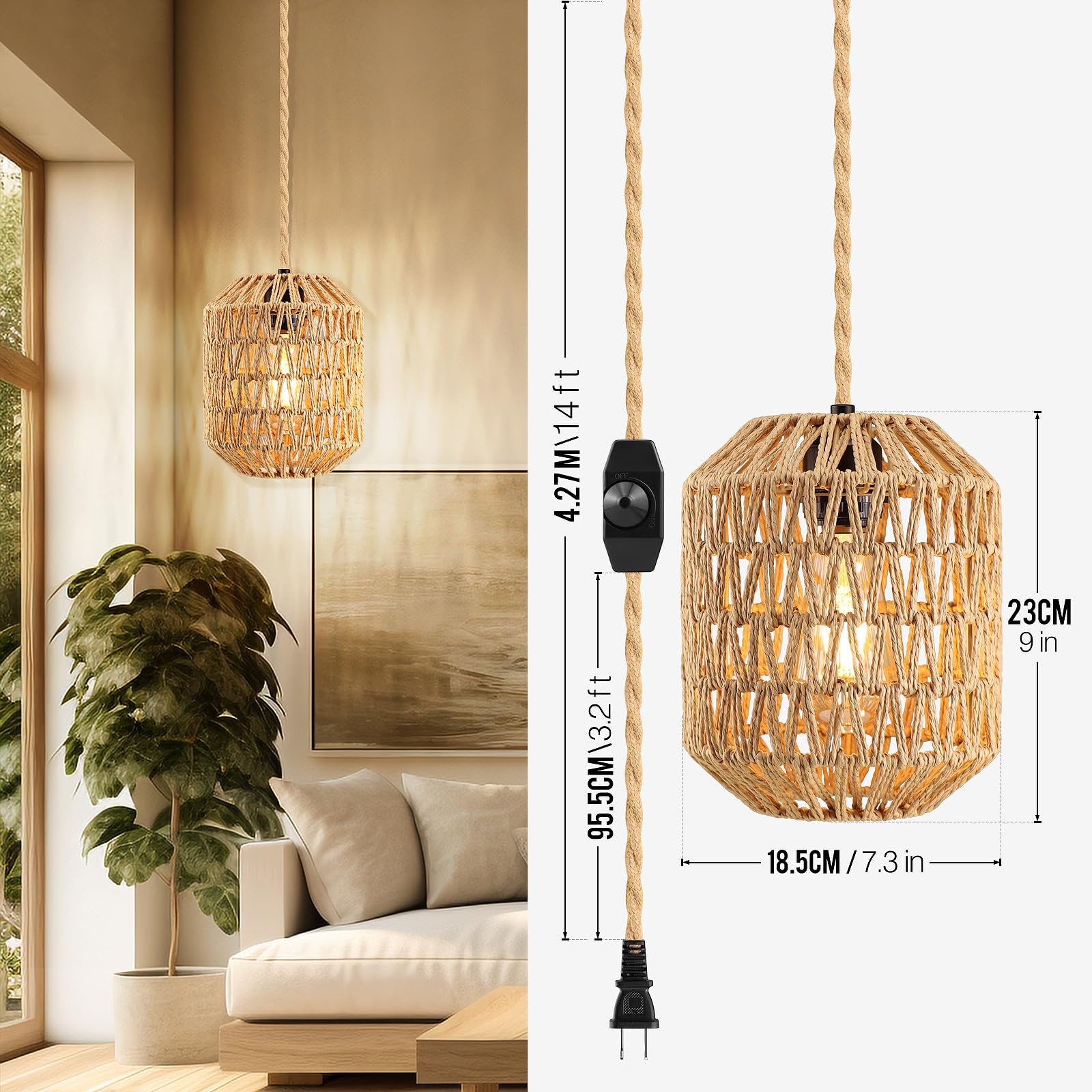 Plug In Pendant Light, 15Ft Hemp Rope Cord,Hanging Lights With Plug In Cord Dimmable Rattan Hanging Lamp Wicker Woven Basket Lampshade, Industrial Plug In Ceiling Light Fixture For Kitchen (Brown)
