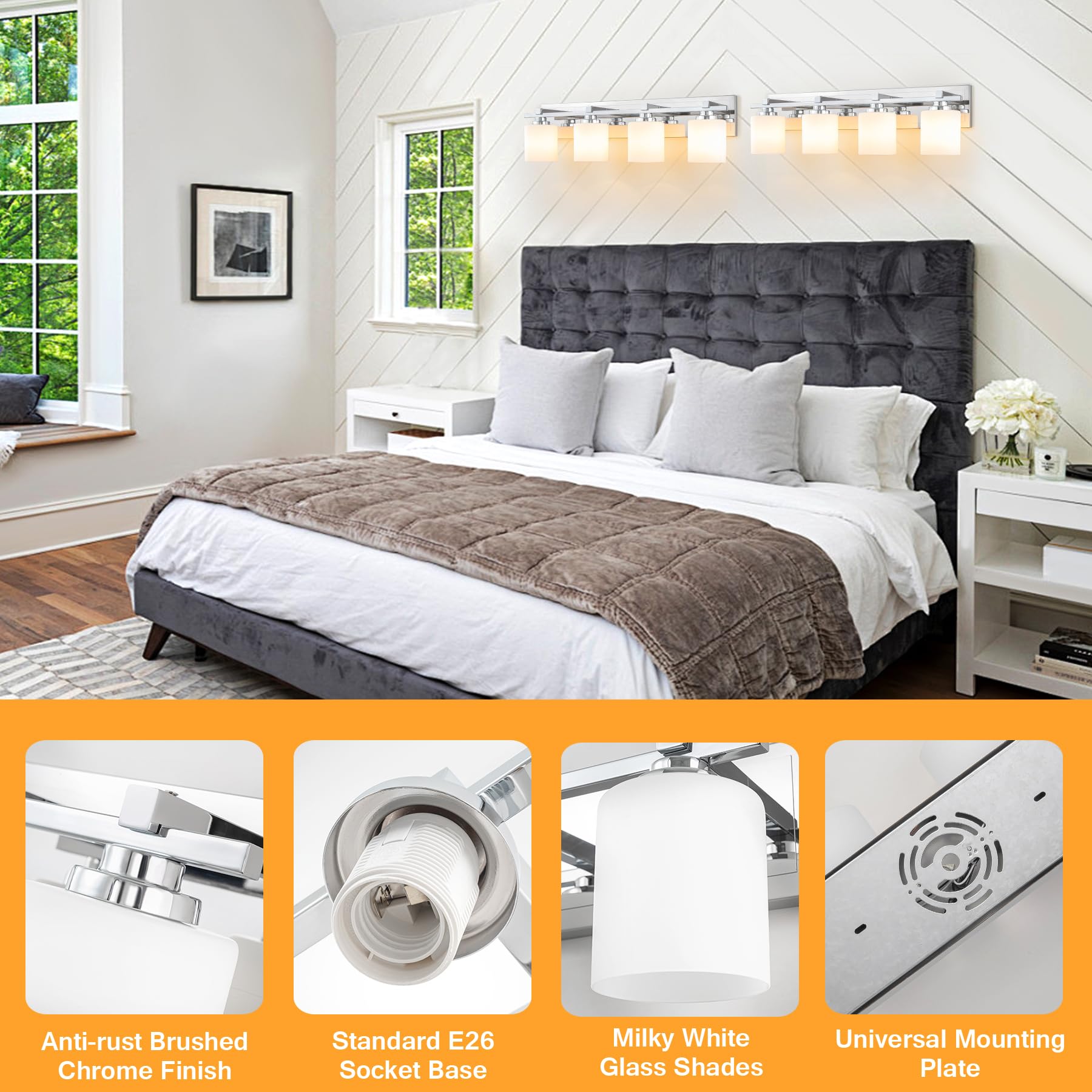 BrkNit 4-Light Bathroom Light Fixtures, Chrome Metal Vanity Lights with Milky White Glass Shades, Model J0057-3