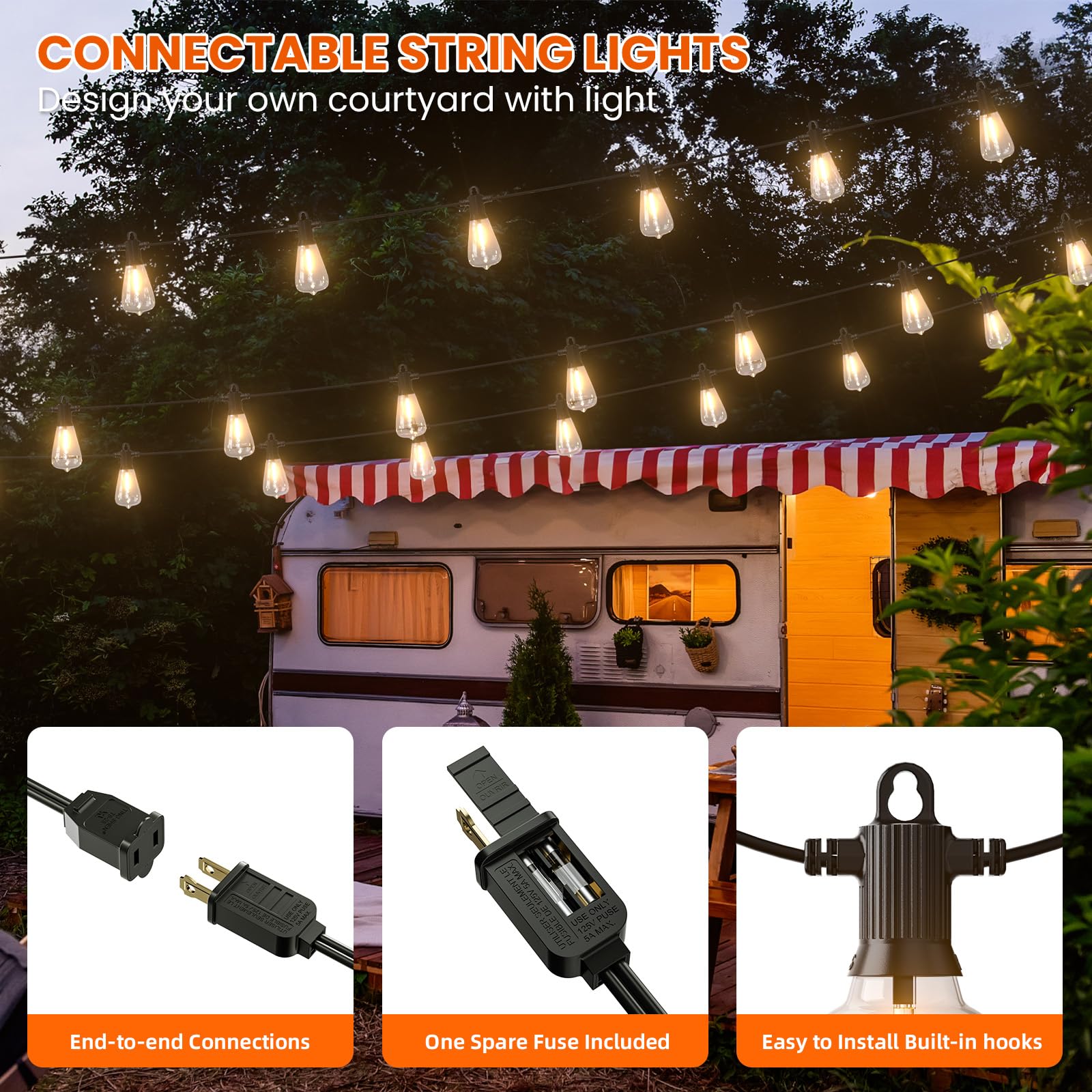 Kawaya 200Ft Patio String Lights: 100+4 Dimmable Waterproof Shatterproof Led Vintage String Lights Commercial Outdoor Lights For Porch Backyard Garden Bistro Outside Balcony Gazebo Party Cafe(100Ftx2)