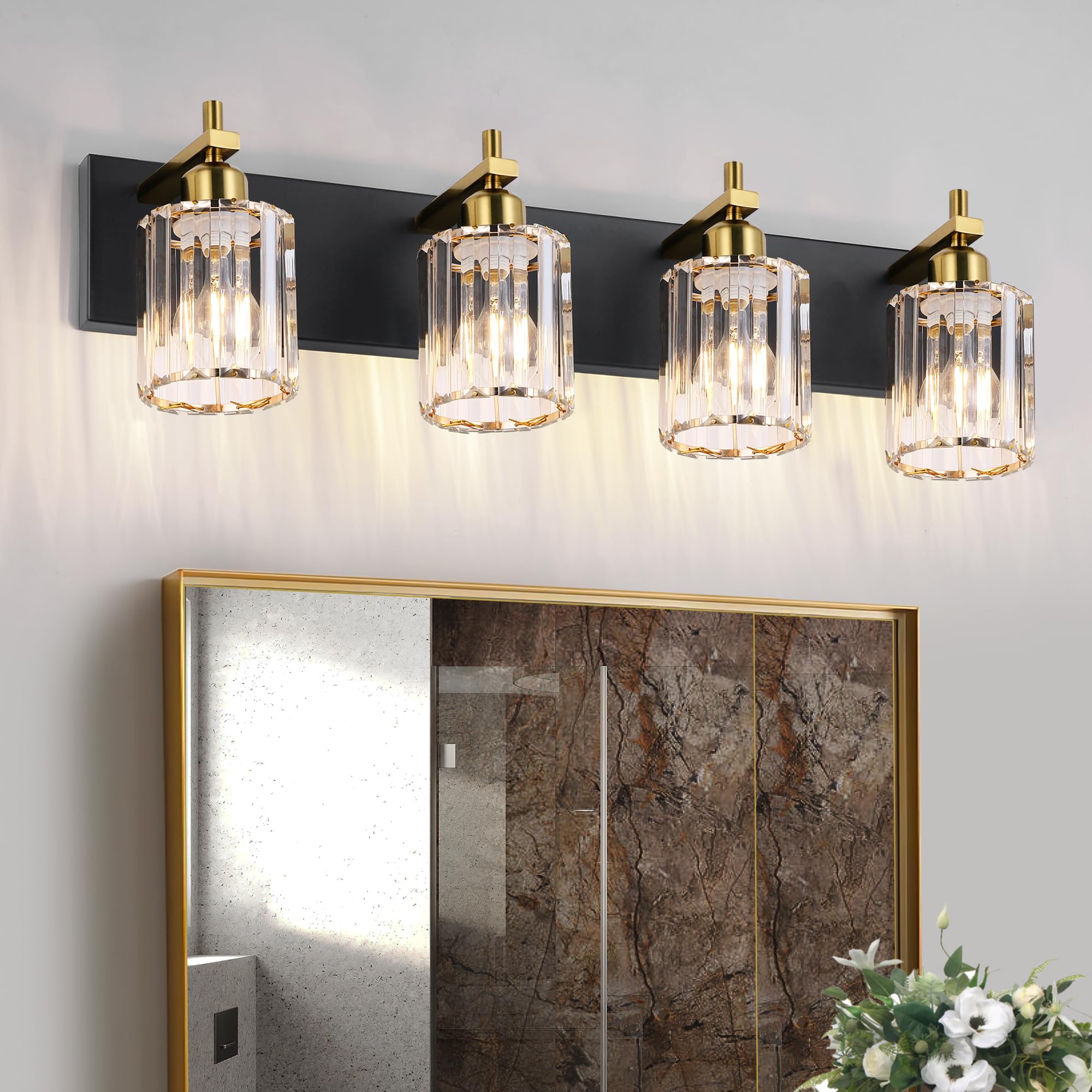 Shes home 4 Light Crystal Vanity Lights for Bathroom - Black and Gold Modern Bathroom Vanity Lights Over Mirror 28 Inch  Bathroom Wall Lighting E26 Base