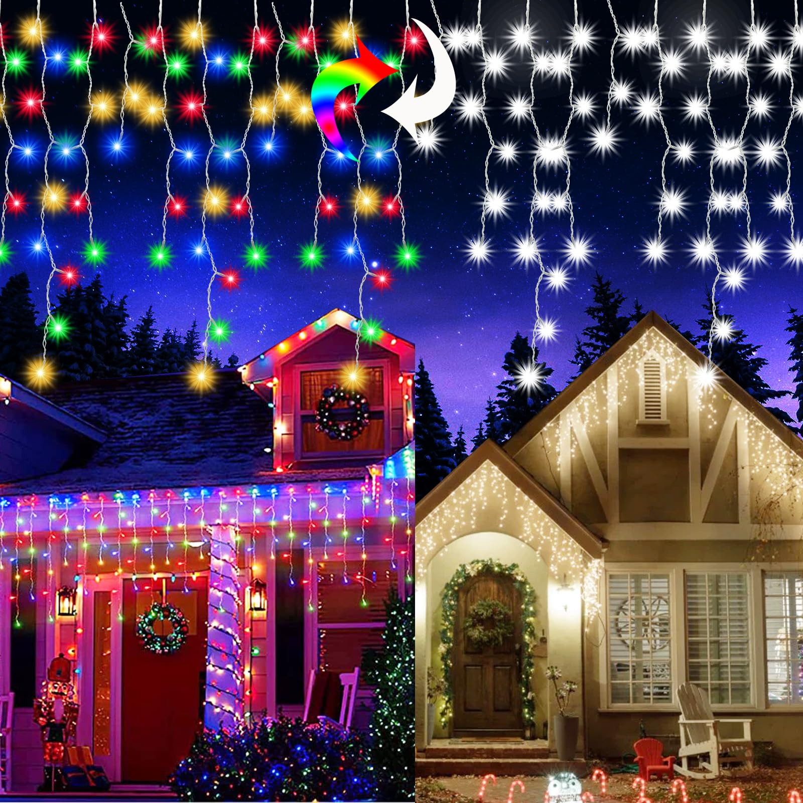 Cold White to Multicolor Color Changing Icicle Christmas Light with Remote, 480 LED 39.3ft Christmas String Lights Outdoor Water
