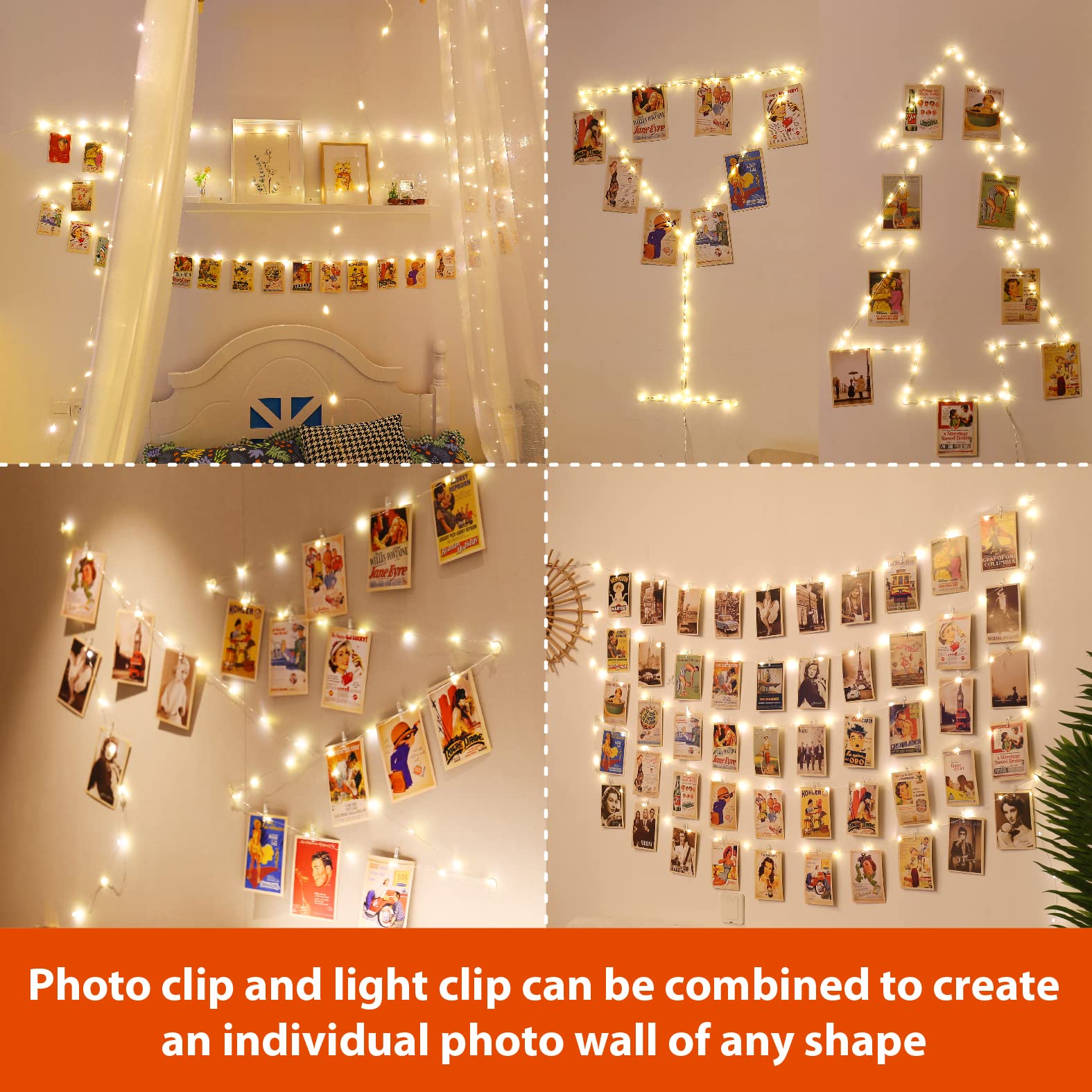 HXWEIYE 120LEDs Photo Clips String Light, Warm White 40Ft Fairy Light with 52 Clear Clips & 12 Hooks on Wall, Timer & 8 Modes US