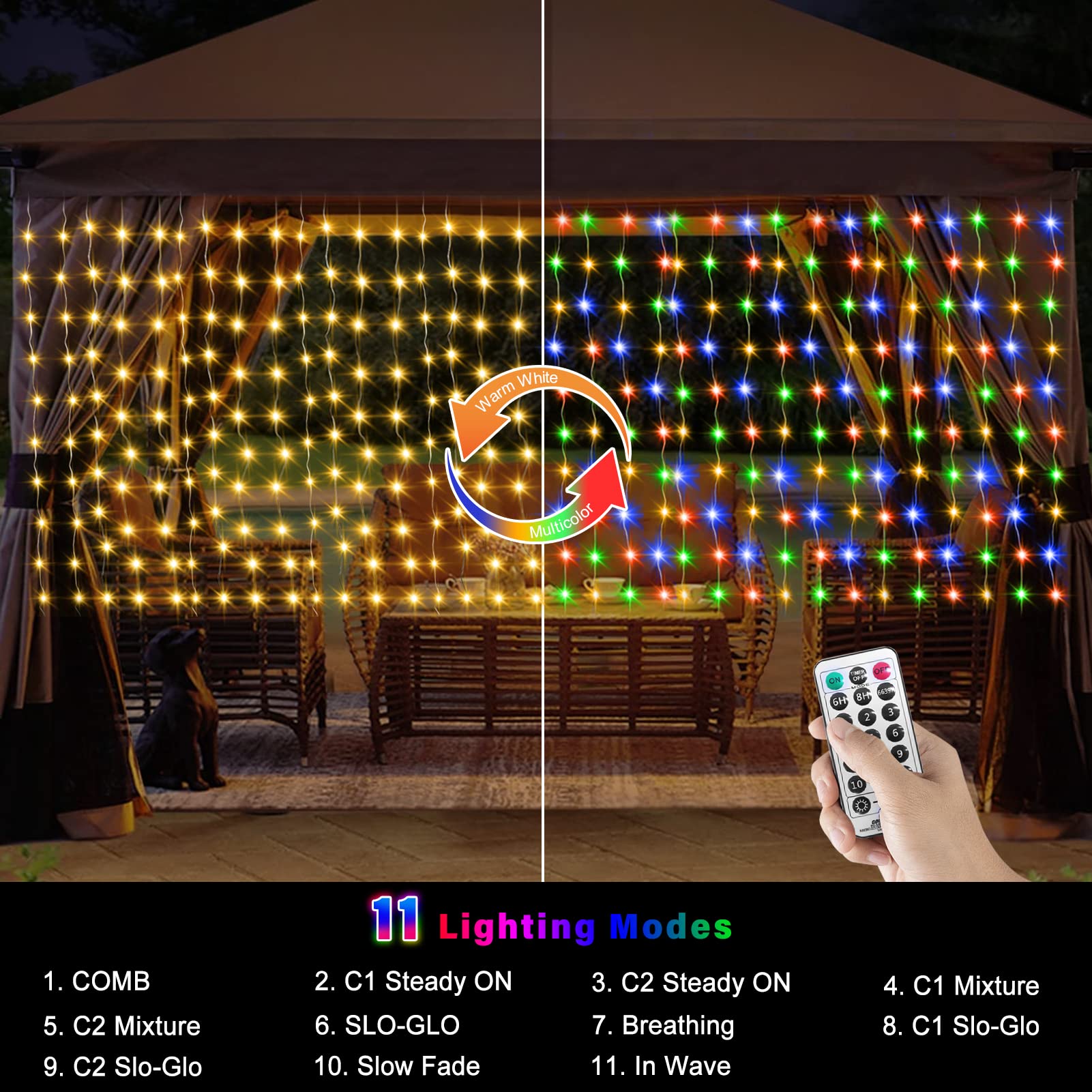 ZAIYW Outdoor Curtain Lights, 300 LED Color Changing, 20Ft x 3Ft, Waterproof String Lights for Stair Railing & Eaves Decor