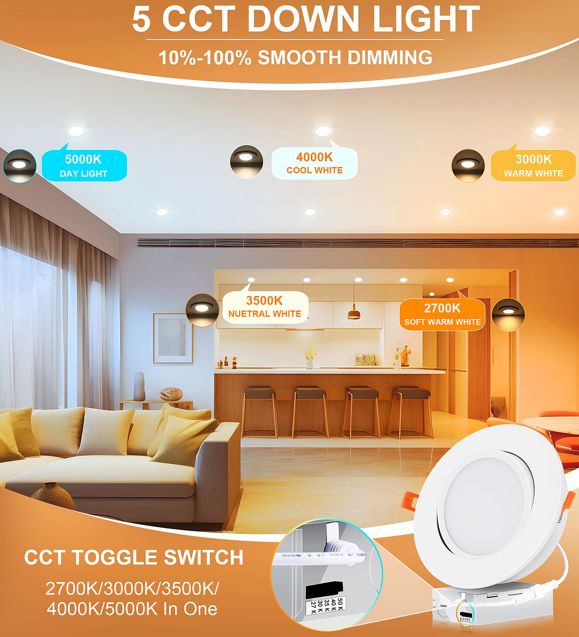 CLOUDY BAY 6 Inch 5 Color Swivel LED Gimbal Recessed Light, 12W, 950LM, Adjustable Canless Downlight, White Finish, Model LJD006