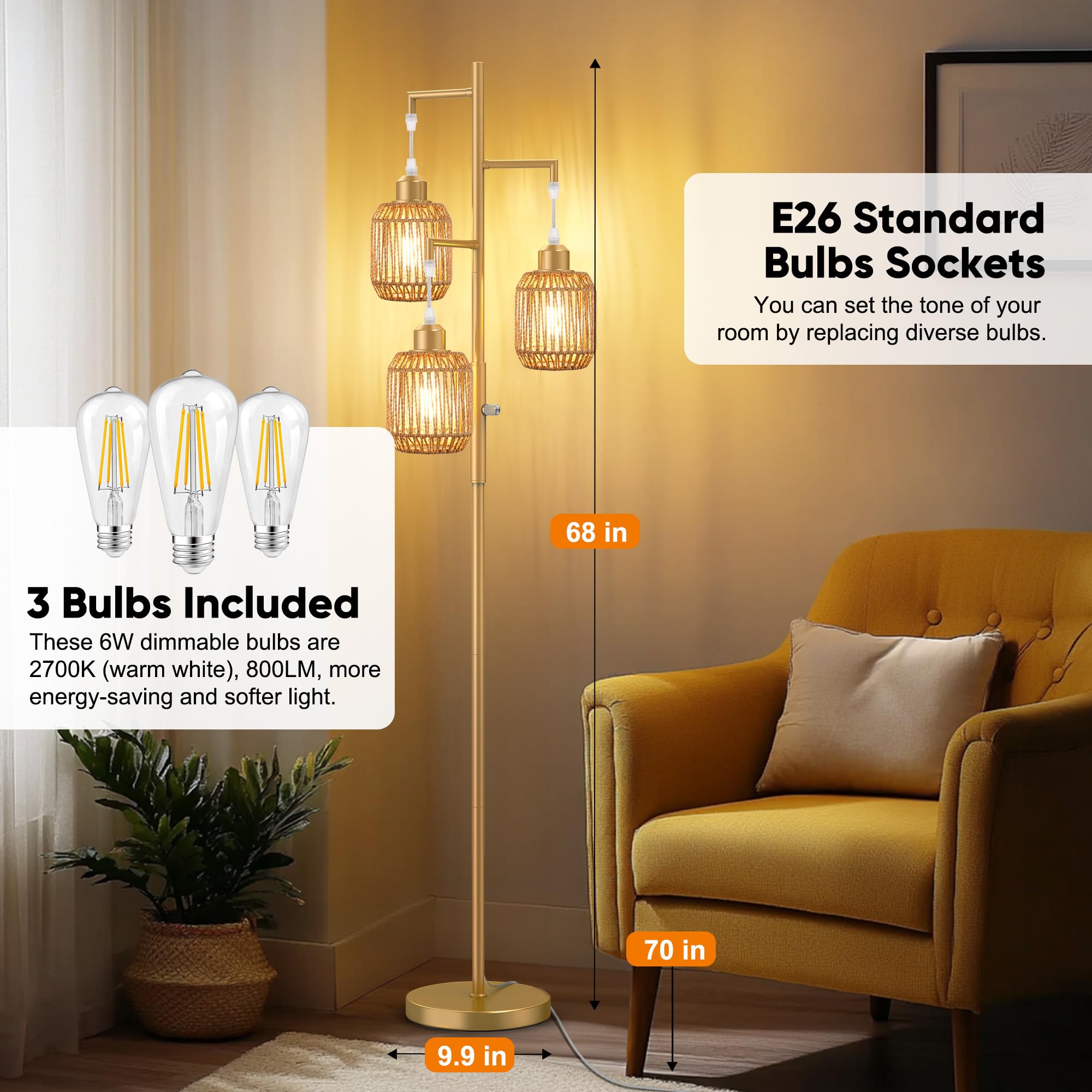 ROTTOGOON Dimmable Floor Lamp - 3 Light Rattan Lamp, 68in, Gold/Brown, Metal, Model ROFP125AJ1