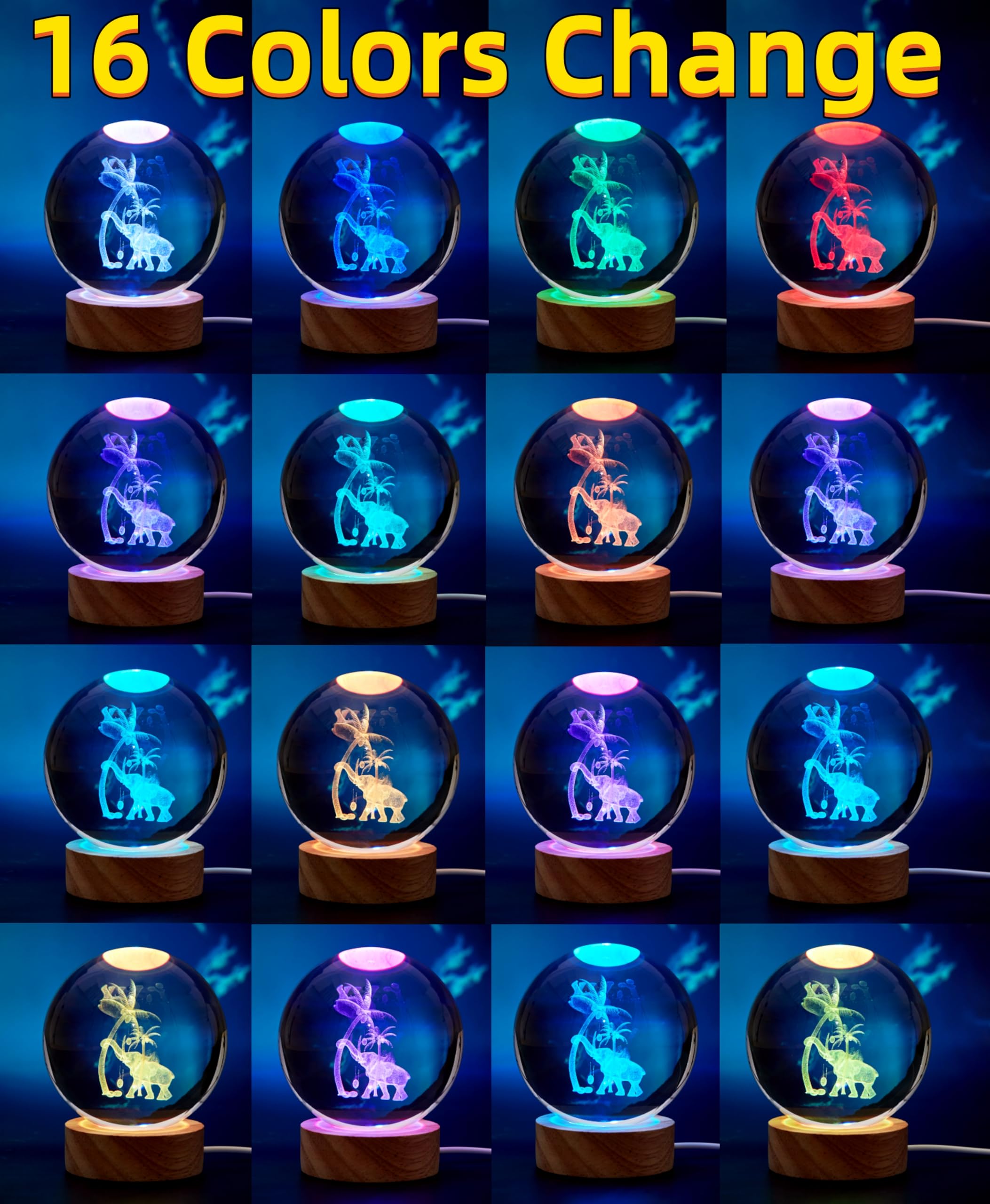 3D Elephant Crystal Ball Lamp,Lifelike Elephant Night Light,16 Colors Changing Light,Dimmable Remote Control,Elephant Lamp Gift