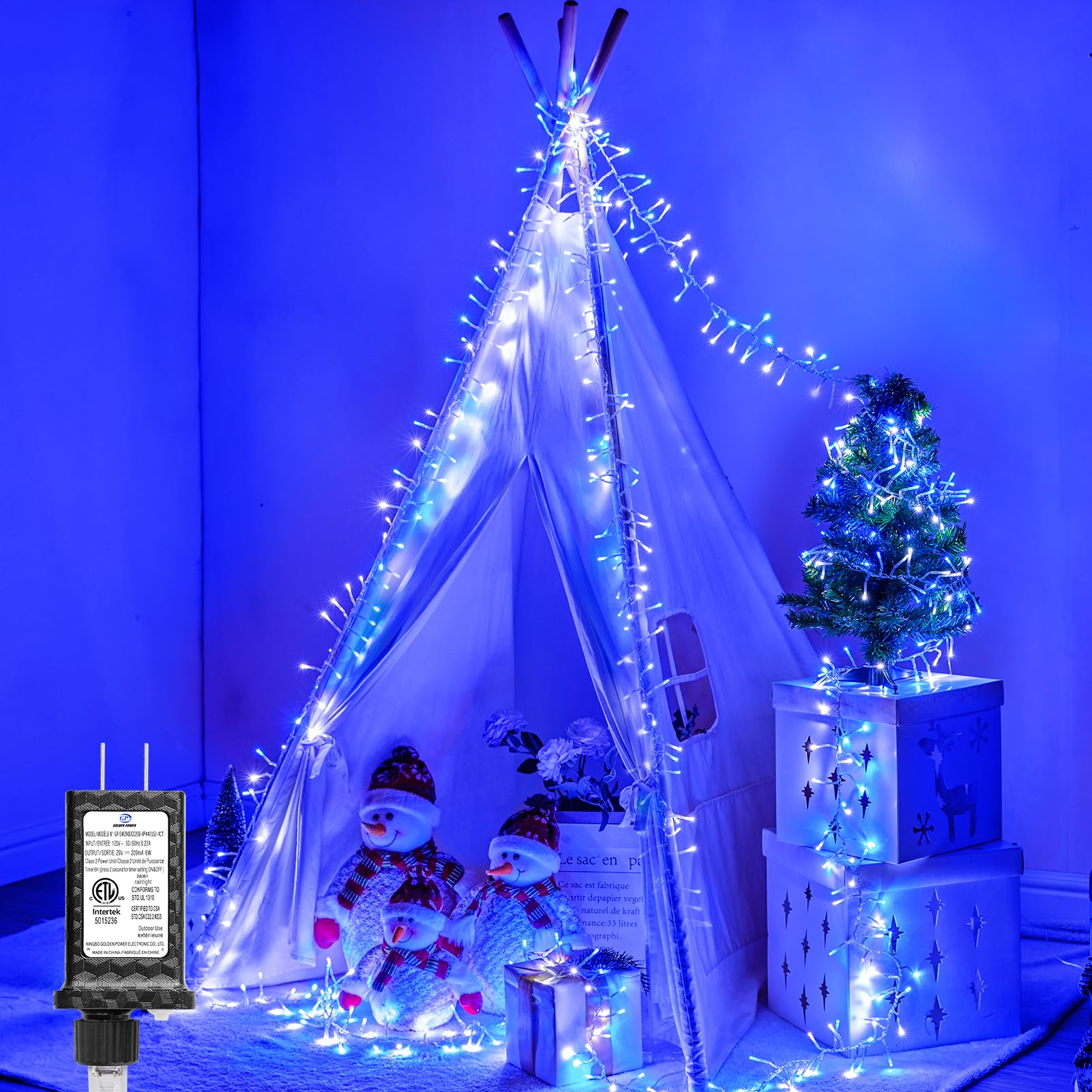 Minetom Christmas Lights - 200 LED Outdoor String Lights, 10FT, Blue & Cool White, 12 Modes, Waterproof, Connectable