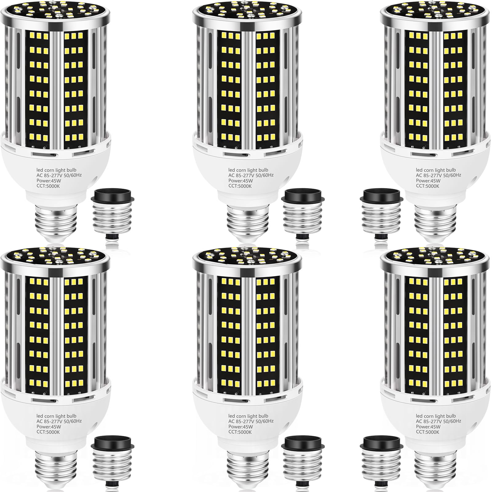 45W 6 pack LED Corn Light Bulb 400W Equivalent 5000K Commercial Grade Daylight E26/E39 6000LM Medium Mogul Base LED Lamp Large Area Lights For Outdoor Indoor Garage Warehouse street Factory Bay Light