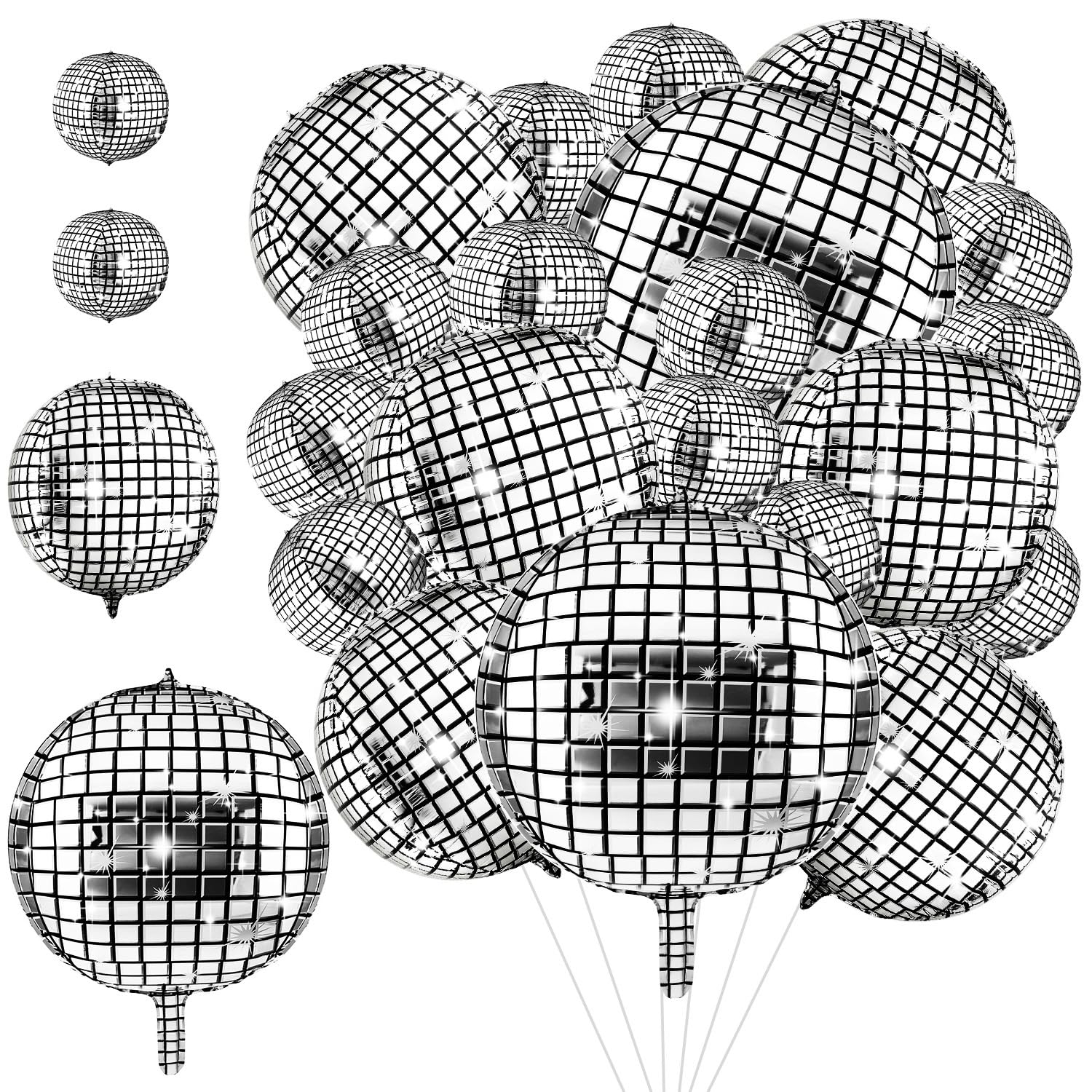 30 Pcs Disco Ball Balloons 32'' 22'' 10'' 4D Disco Balloons 70s Disco Party Decorations Round Metallic Silver Disco Foil Balloon