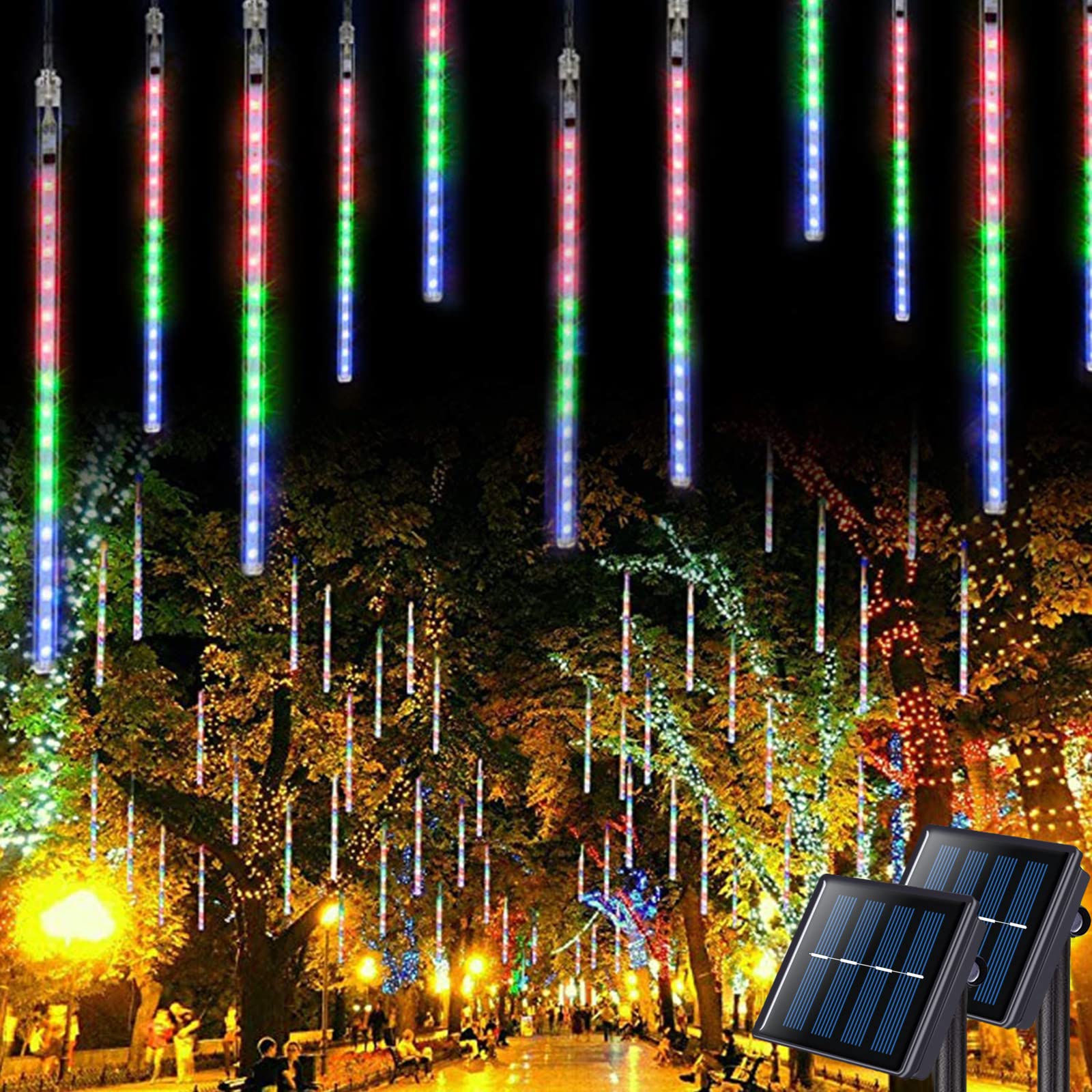 JMEXSUSS 2 Pack Solar Meteor Shower Lights, 16 Tube 288 LED Multicolor Meteor Christmas Lights, Solar Christmas Lights Outdoor Waterproof for Tree Christmas Decorations