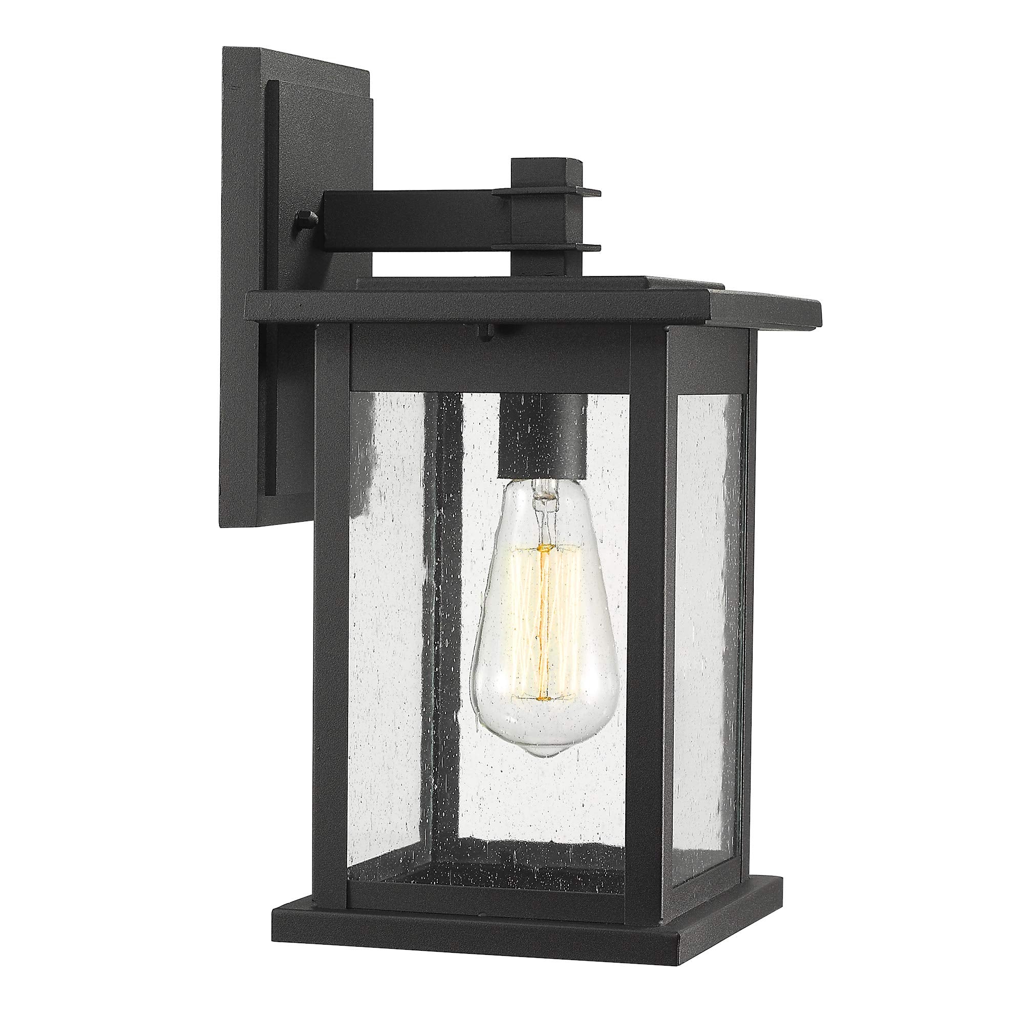 Emliviar 1-Light Outdoor Wall Lantern, 14&quot; Black Finish With Seeded Glass, Large Size