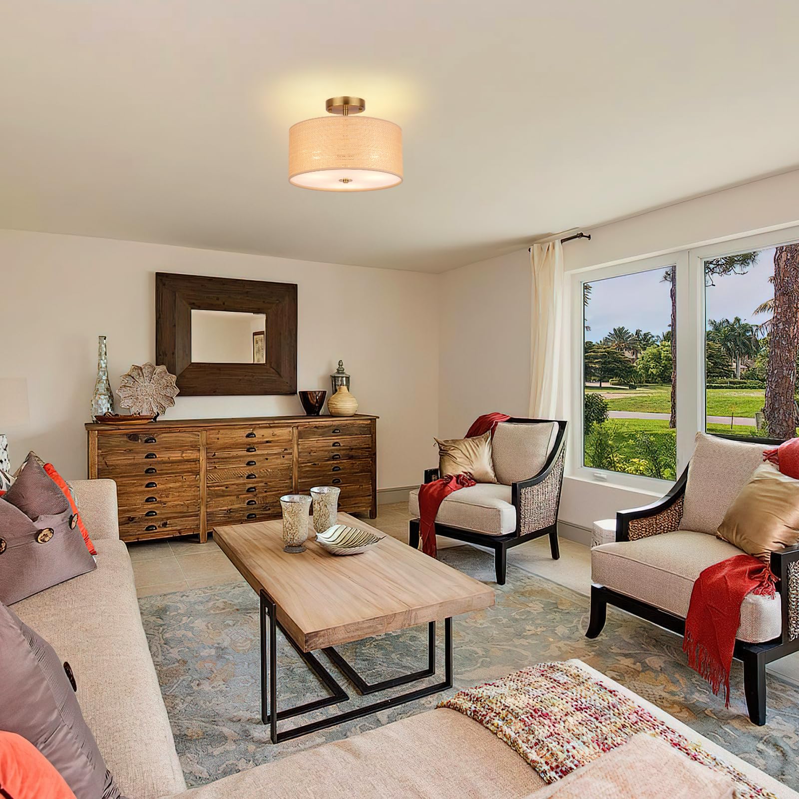 Clarsyne 13 Boho Woven Rattan Ceiling Light Fixture  3-Light Semi Flush Mount Modern Drum Lamp With Beige Fabric Shade  Rustic Lighting For Bedroom  Living Room  Dining Room  Hallway And Entryway